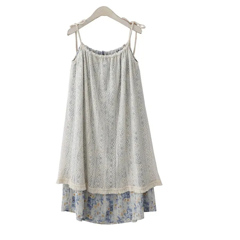 Mori Girl Style Vintage Floral Lace Splicing Camisole Dress Women Summer Holiday Seaside Loose Aesthetic Mid-length Halter Dress