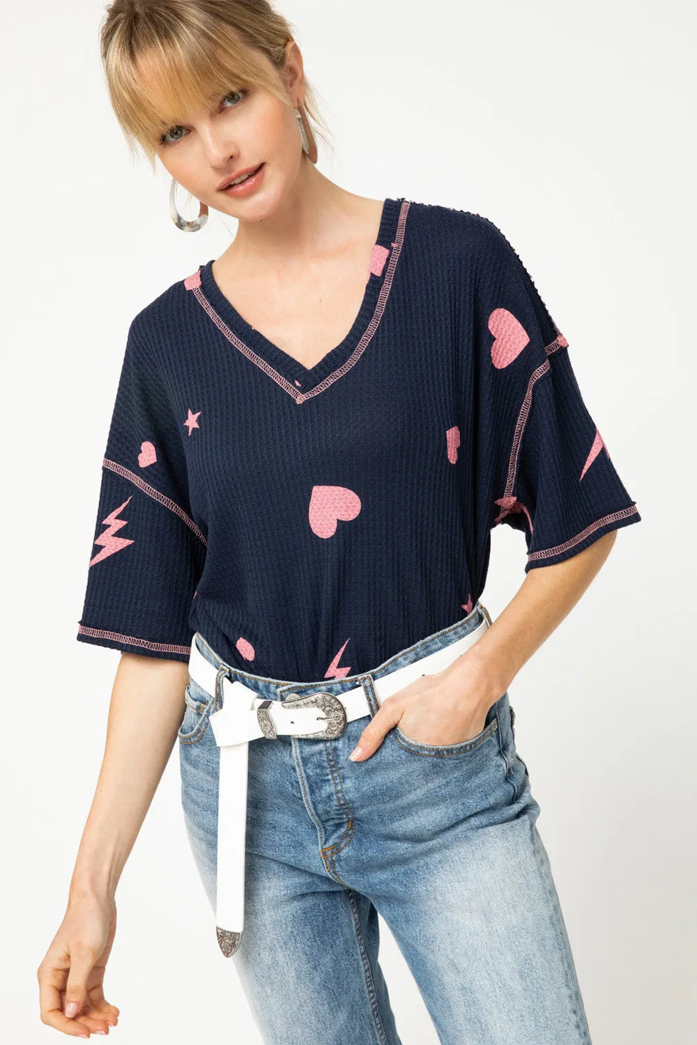 Navy & Pink Waffle Knit Top