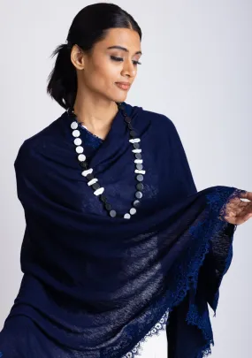 Navy Blue Knitted Merino Wool Cape with a Scalloped Navy Blue Filigree Lace Border