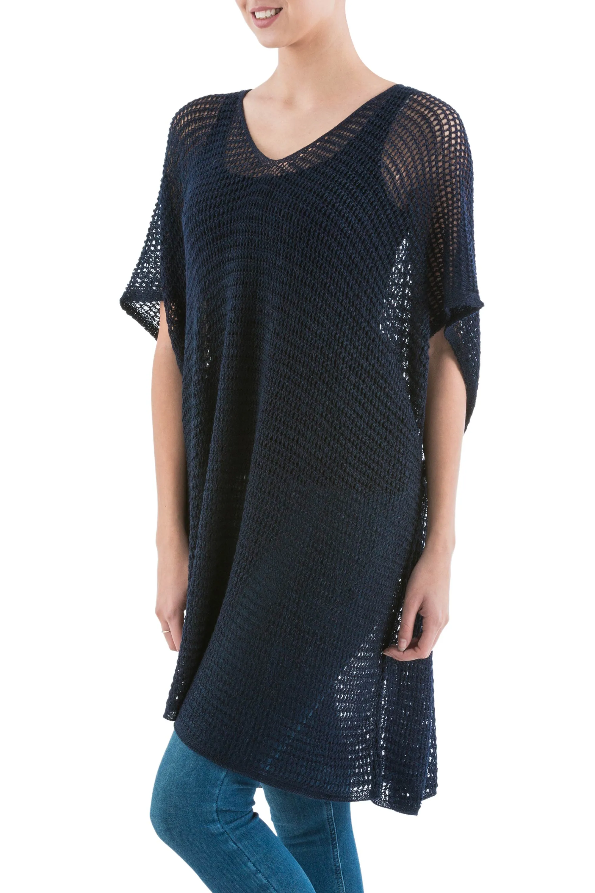 Navy Tunic with V Neck and Short Sleeves - Navy Dreamcatcher | NOVICA