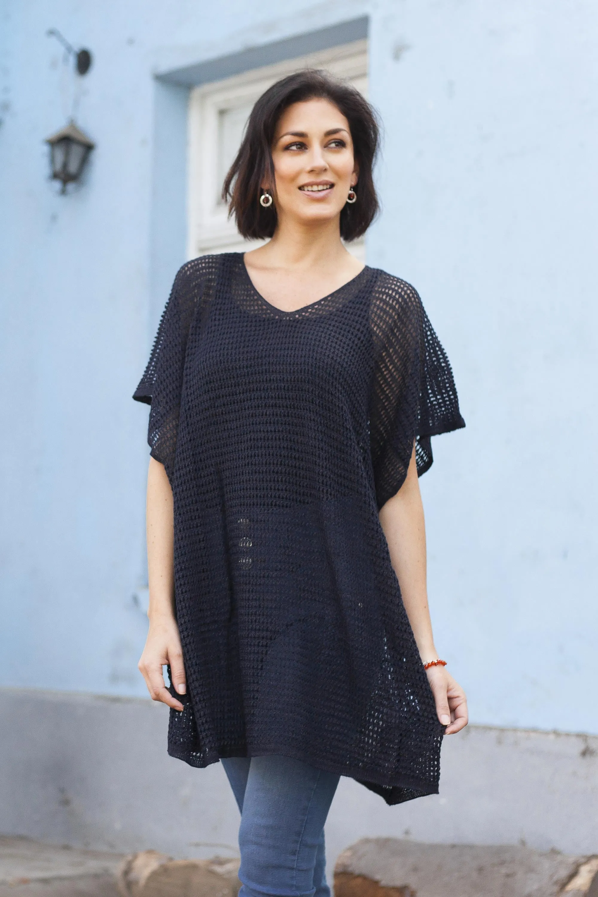 Navy Tunic with V Neck and Short Sleeves - Navy Dreamcatcher | NOVICA