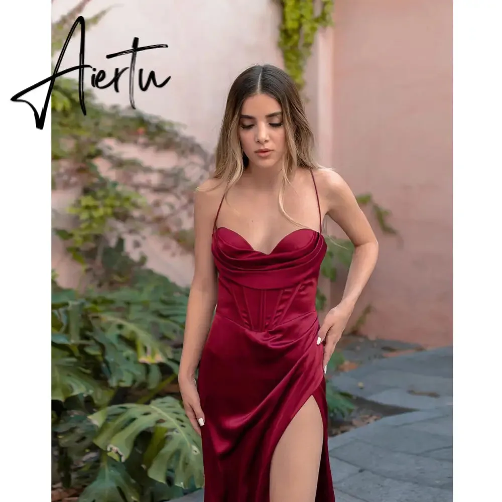 New Summer Prom Dress Women'S Sling Sleeveless Solid Color Dress One Word Neck Slim Fit Open Back Slit Red Sexy Dress