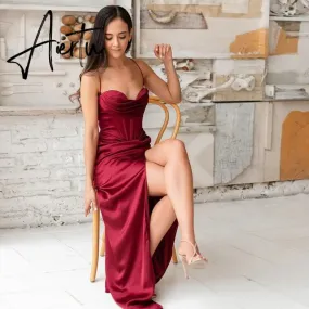 New Summer Prom Dress Women'S Sling Sleeveless Solid Color Dress One Word Neck Slim Fit Open Back Slit Red Sexy Dress