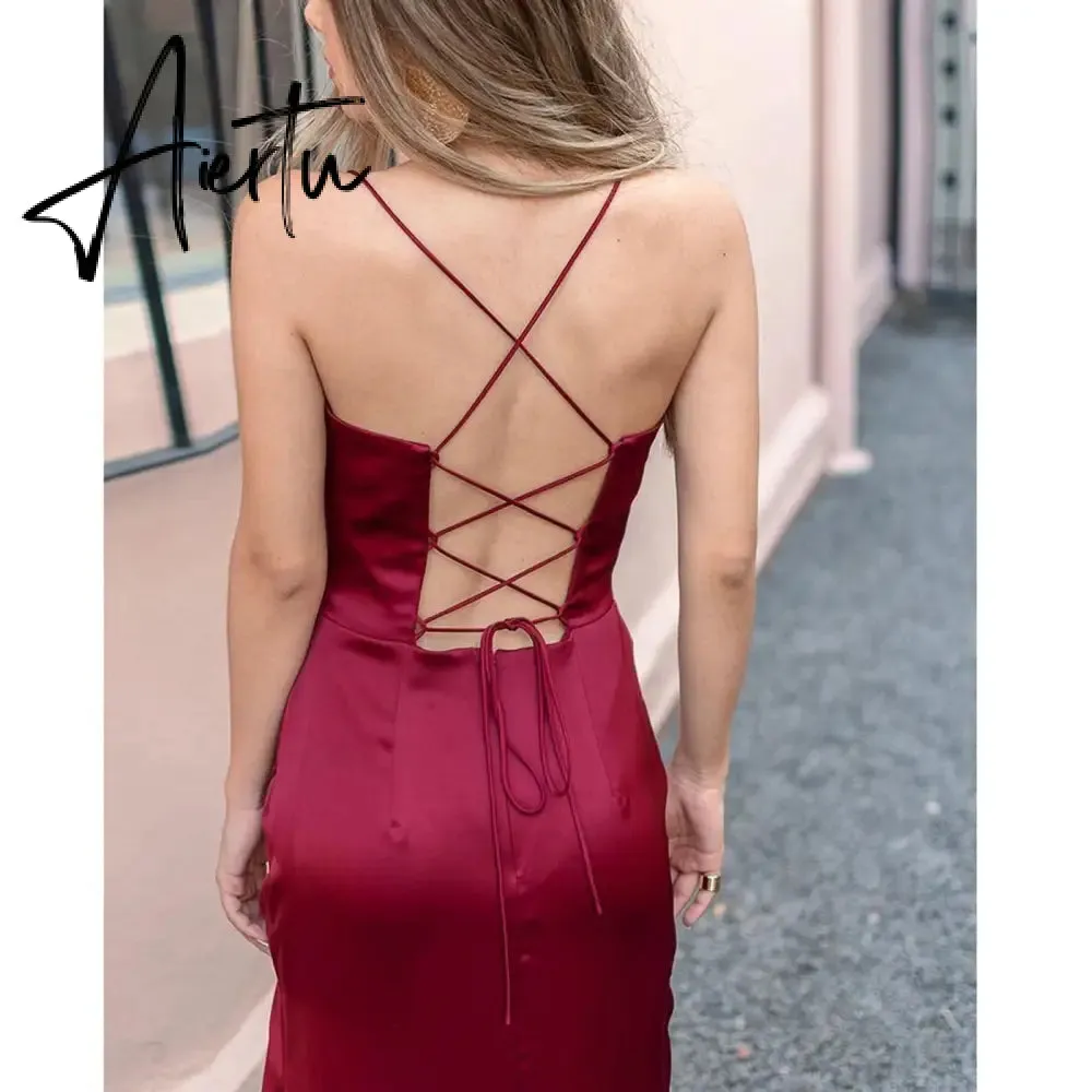 New Summer Prom Dress Women'S Sling Sleeveless Solid Color Dress One Word Neck Slim Fit Open Back Slit Red Sexy Dress