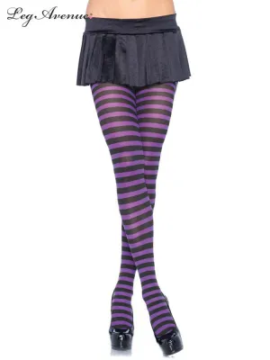 Nylon Black & Purple Striped Tights O/S