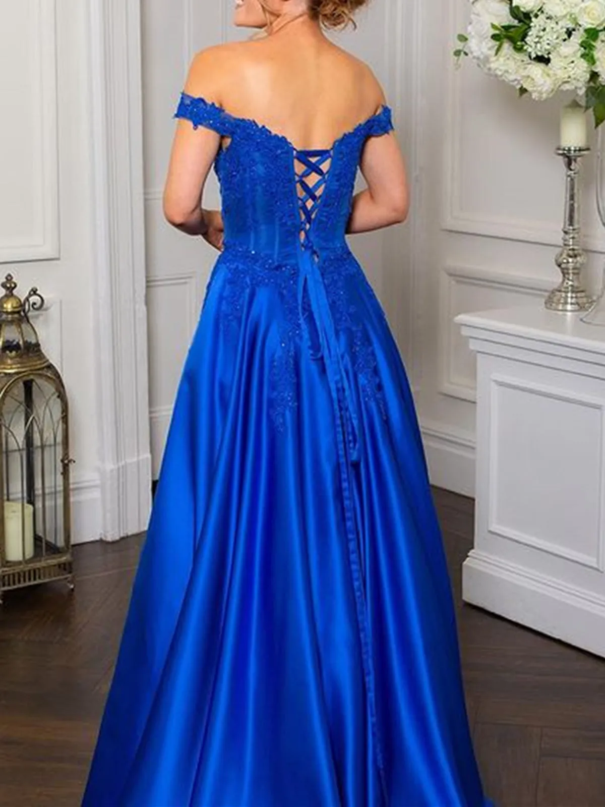 Off Shoulder Beaded Royal Blue Lace Long Prom Dresses, Royal Blue Lace Formal Graduation Evening Dresses