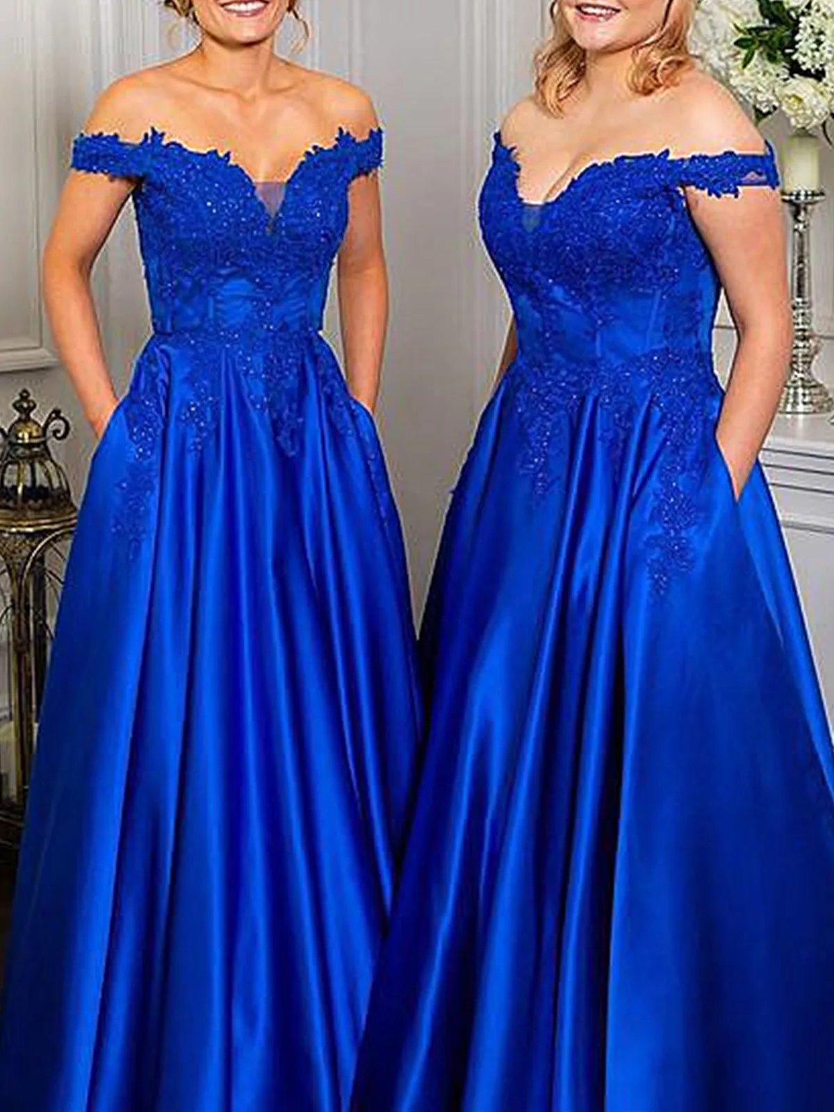 Off Shoulder Beaded Royal Blue Lace Long Prom Dresses, Royal Blue Lace Formal Graduation Evening Dresses