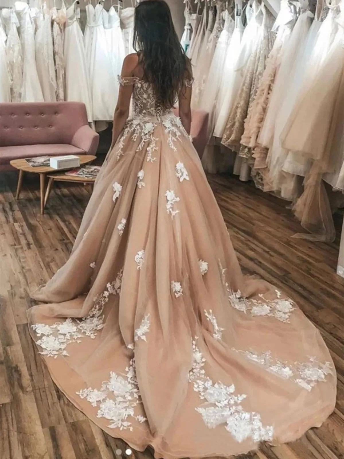 Off Shoulder Champagne Lace Long Prom Dresses, Champagne Lace Formal Dresses, Champagne Evening Dresses