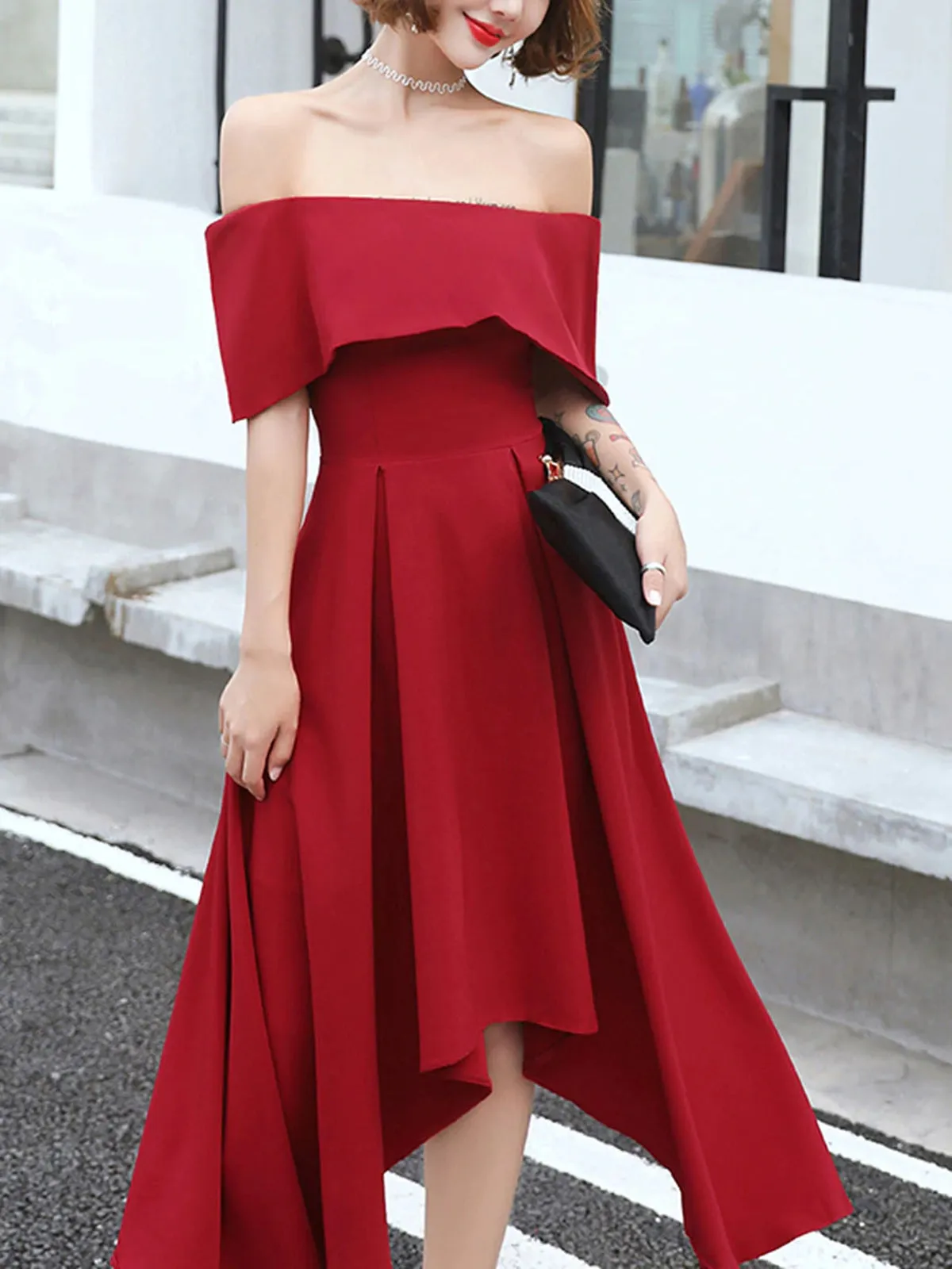 Off Shoulder High Low Burgundy Tea Length Prom Dresses, Off Shoulder Burgundy Formal Graduation Evening Dresses, Burgundy Homecoming Dresses