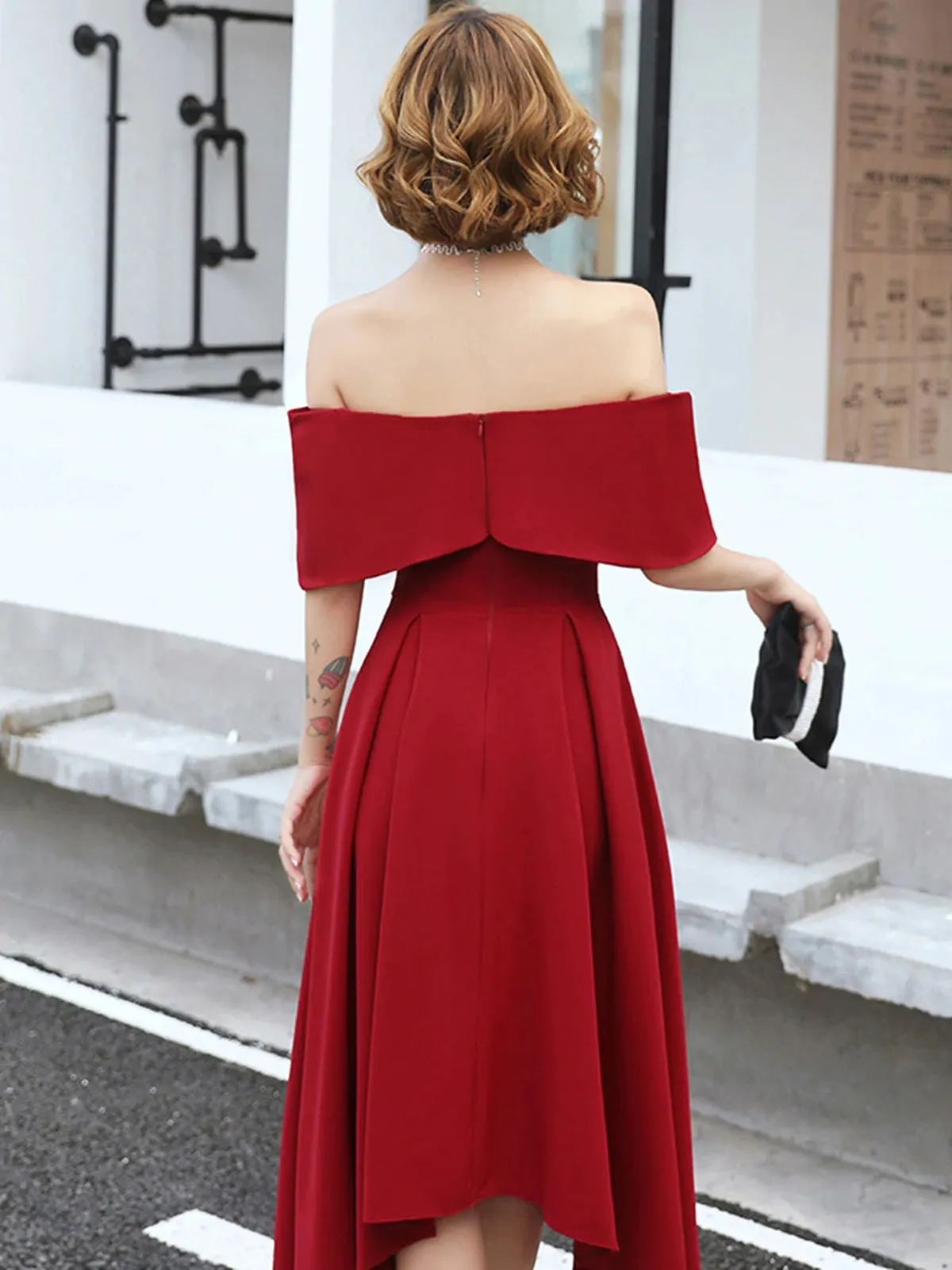 Off Shoulder High Low Burgundy Tea Length Prom Dresses, Off Shoulder Burgundy Formal Graduation Evening Dresses, Burgundy Homecoming Dresses