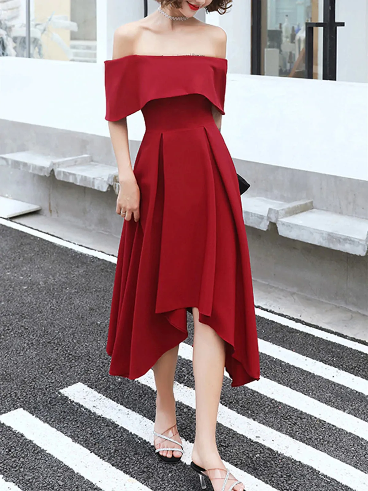 Off Shoulder High Low Burgundy Tea Length Prom Dresses, Off Shoulder Burgundy Formal Graduation Evening Dresses, Burgundy Homecoming Dresses