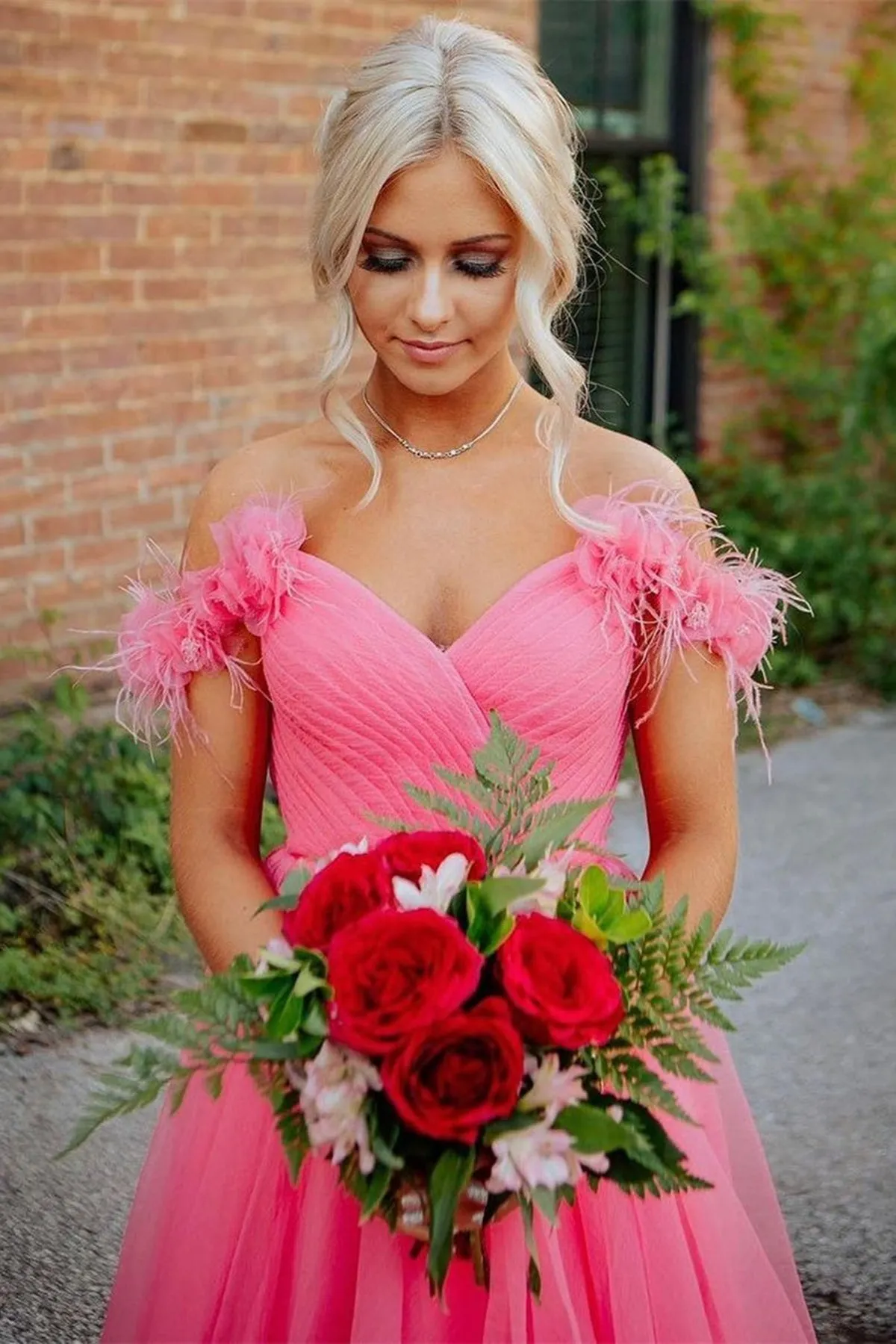 Off Shoulder Hot Pink Tulle Long Prom Dress, Long Hot Pink Tulle Formal Graduation Evening Dress A1514