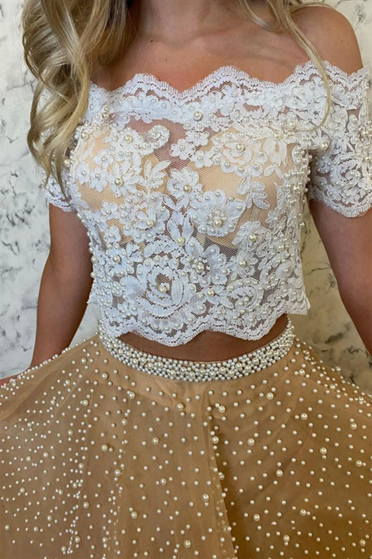 Off Shoulder Two Pieces Champagne Tulle Long Prom Dress with Pearls, 2 Pieces Champagne Formal Evening Dress with White Lace Top A1416