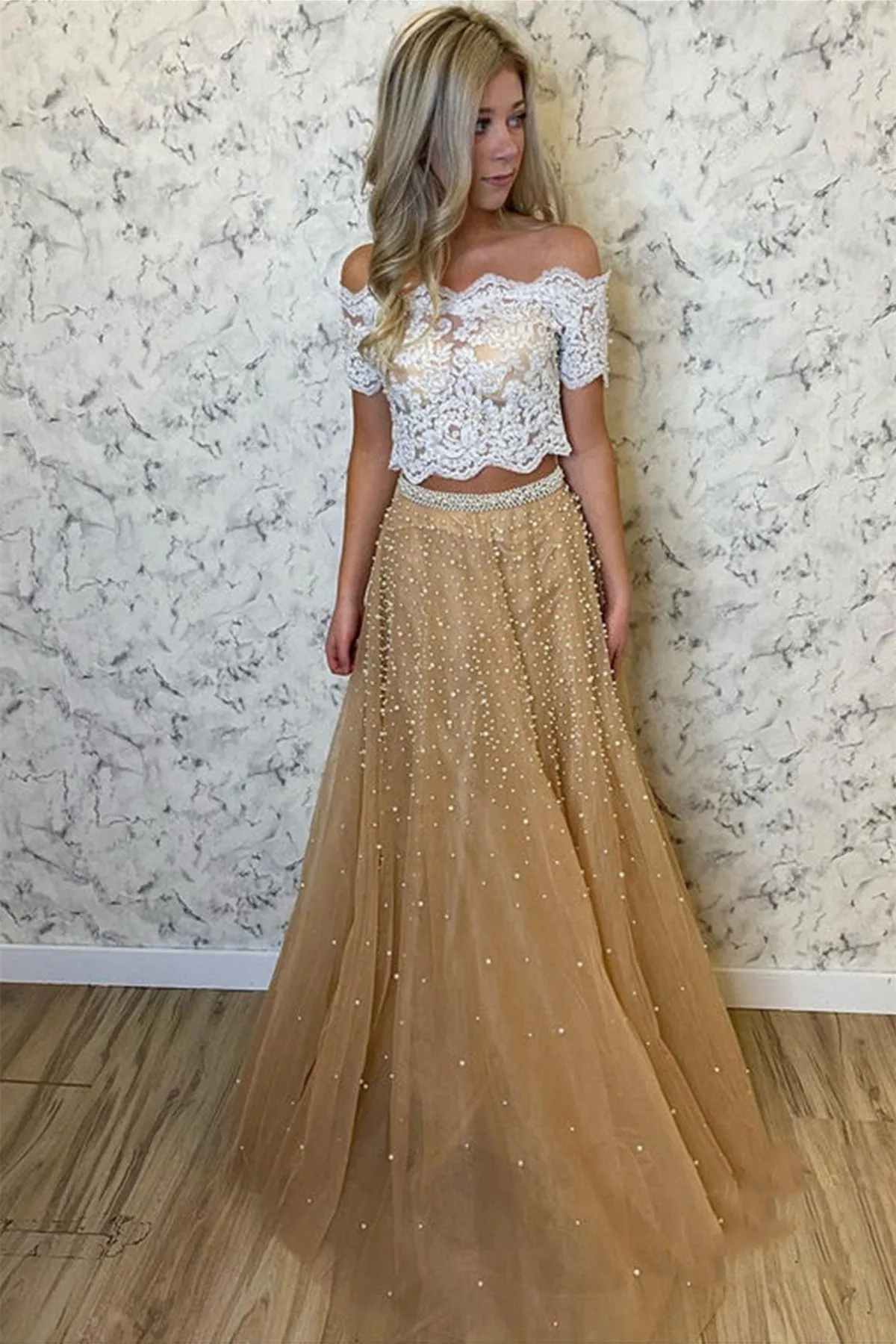 Off Shoulder Two Pieces Champagne Tulle Long Prom Dress with Pearls, 2 Pieces Champagne Formal Evening Dress with White Lace Top A1416