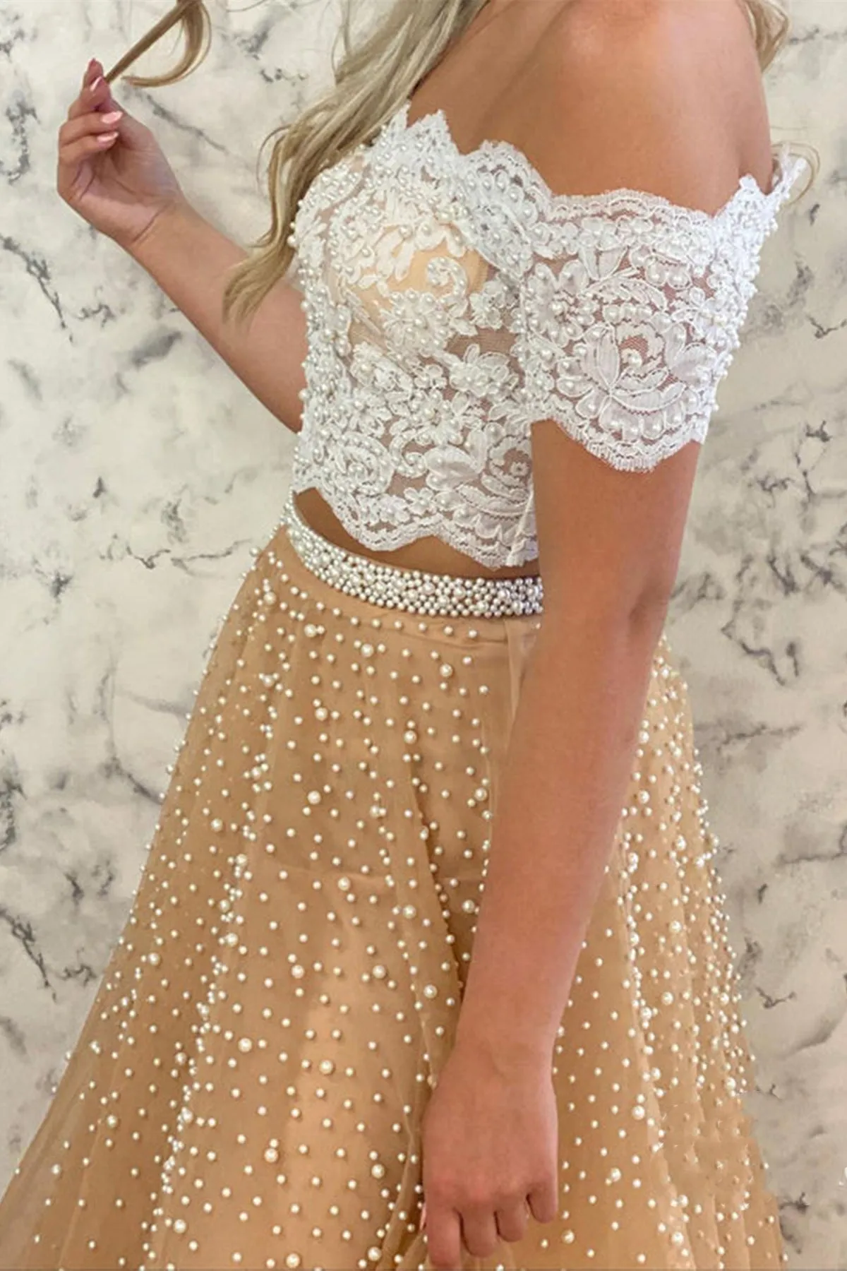 Off Shoulder Two Pieces Champagne Tulle Long Prom Dress with Pearls, 2 Pieces Champagne Formal Evening Dress with White Lace Top A1416