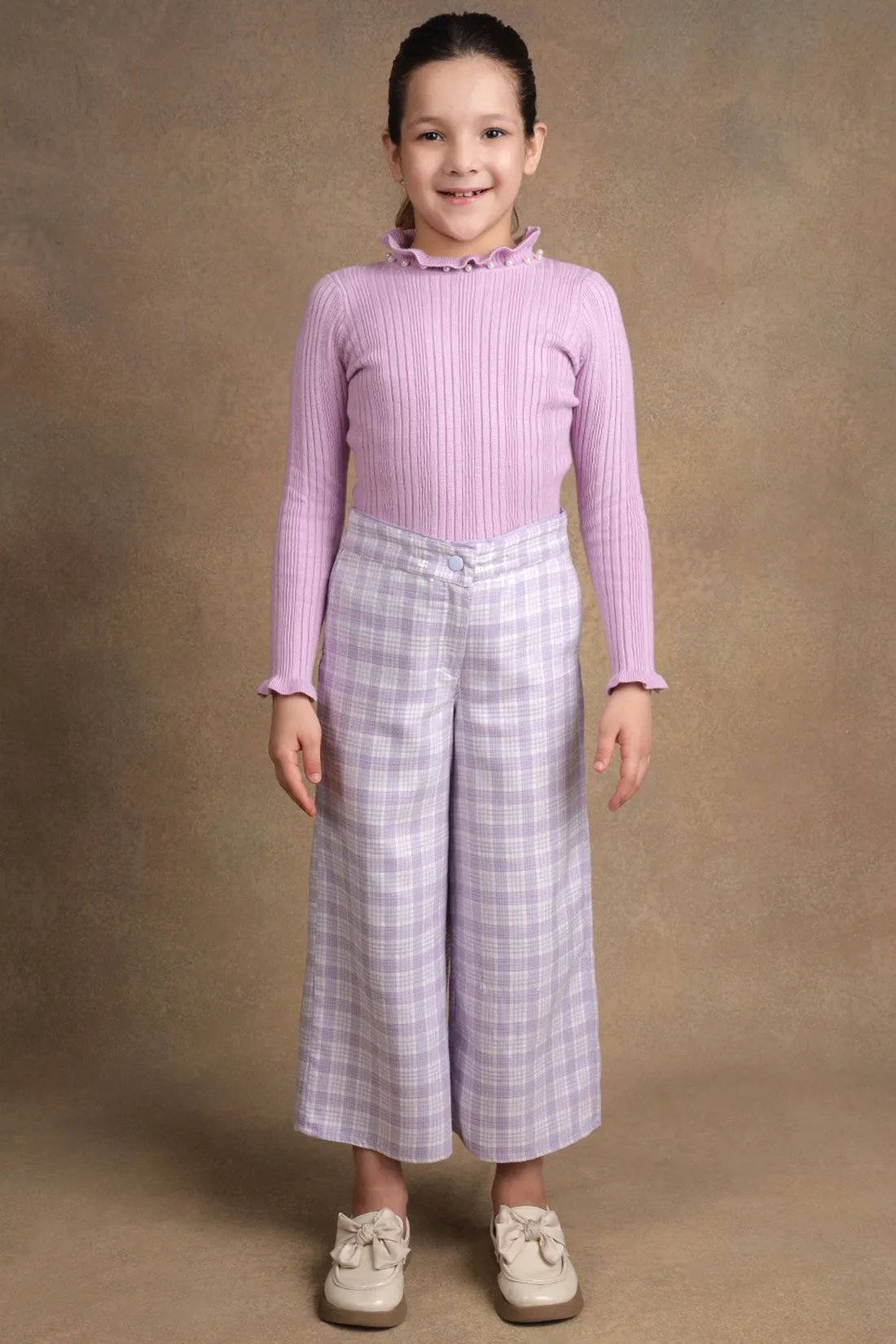 One Friday Kids Girls Lilac Checks With Sequence Trouser