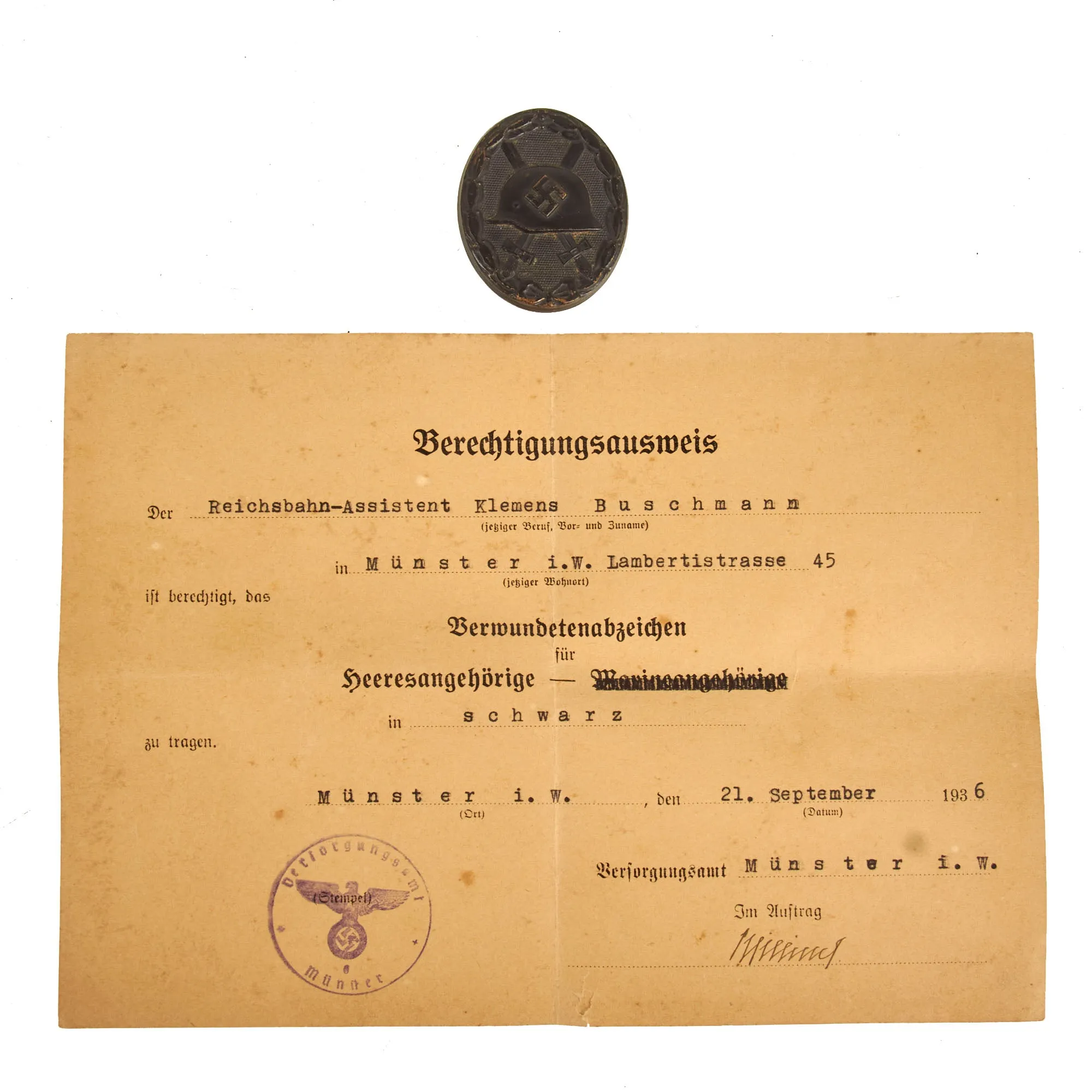 Original German Pre-WWII Black 3rd Class Wound Badge with Named Award Document - Dated 1936