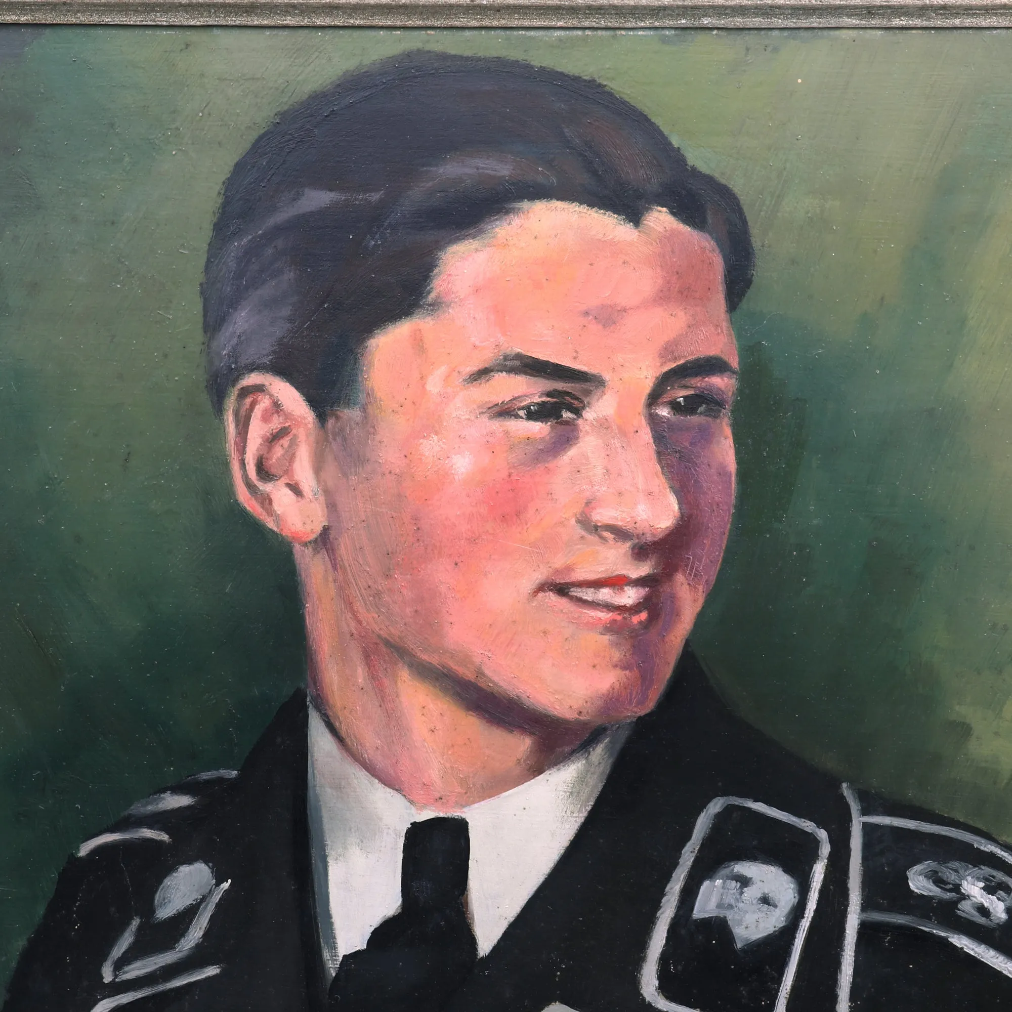 Original German WWII Heer Armored Panzer Wrapper Portrait Set - Framed 26" x 29 ½" Painting & Retouched 11 ⅛" x 15 ¼" Photograph - Formerly A.A.F. Tank Museum