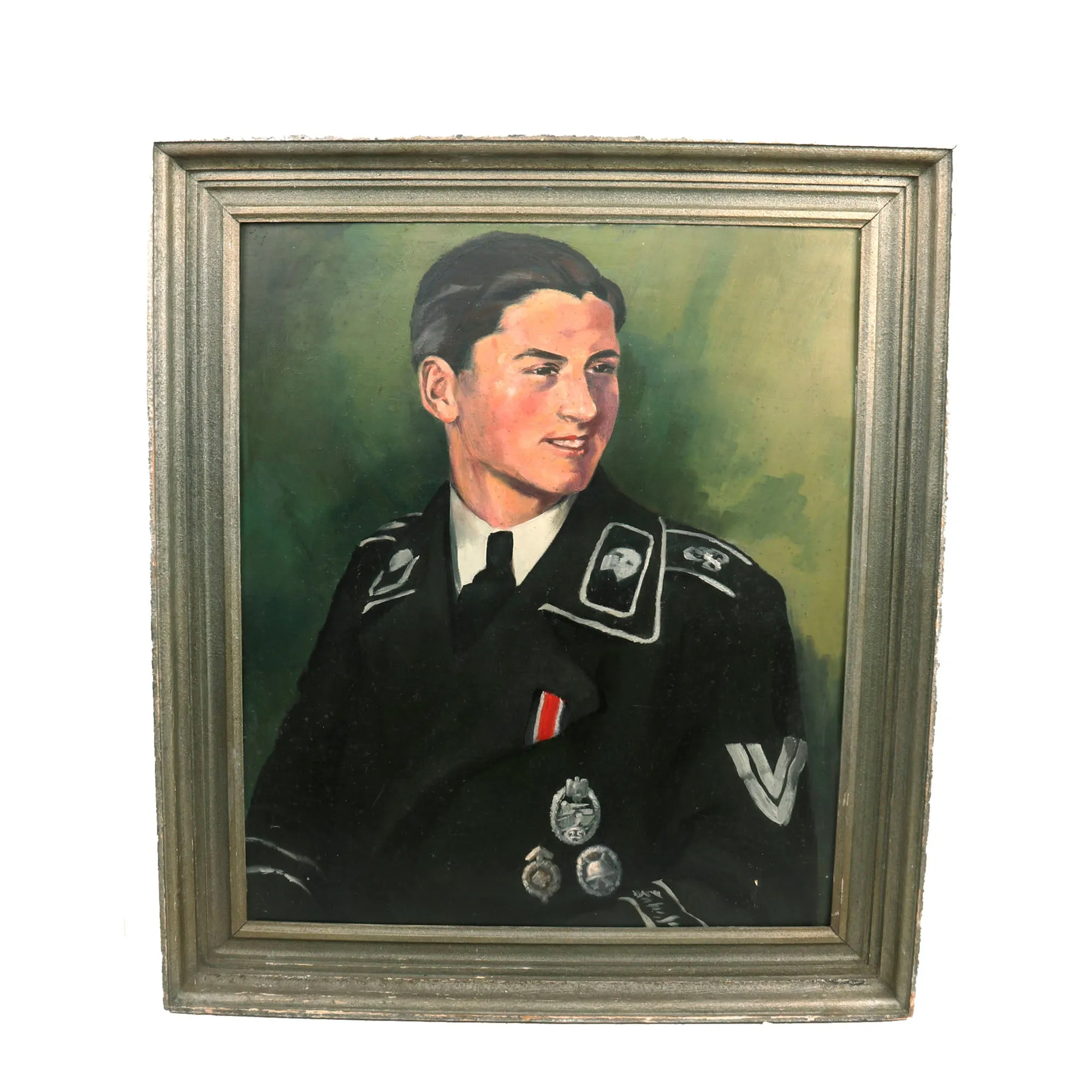 Original German WWII Heer Armored Panzer Wrapper Portrait Set - Framed 26" x 29 ½" Painting & Retouched 11 ⅛" x 15 ¼" Photograph - Formerly A.A.F. Tank Museum