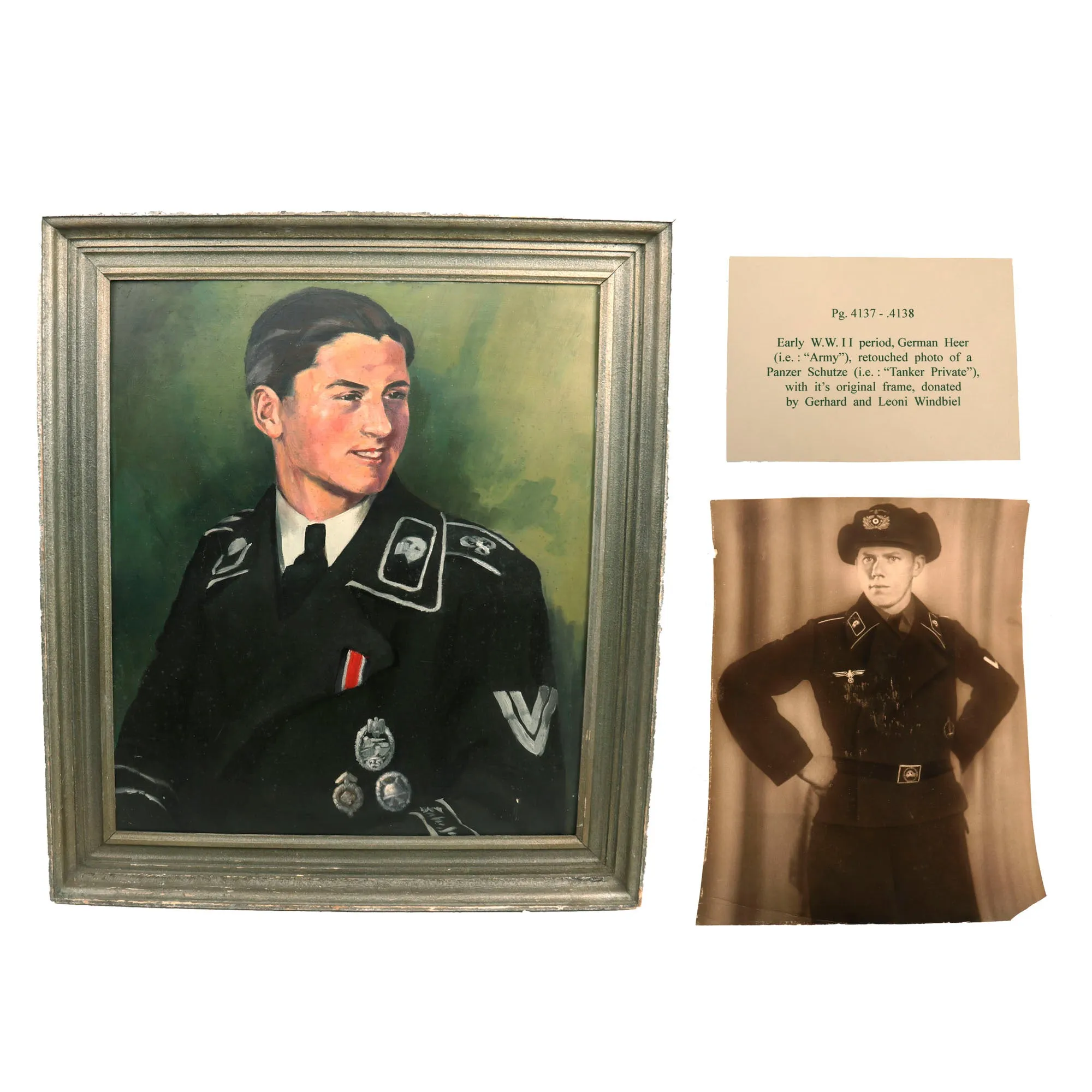 Original German WWII Heer Armored Panzer Wrapper Portrait Set - Framed 26" x 29 ½" Painting & Retouched 11 ⅛" x 15 ¼" Photograph - Formerly A.A.F. Tank Museum