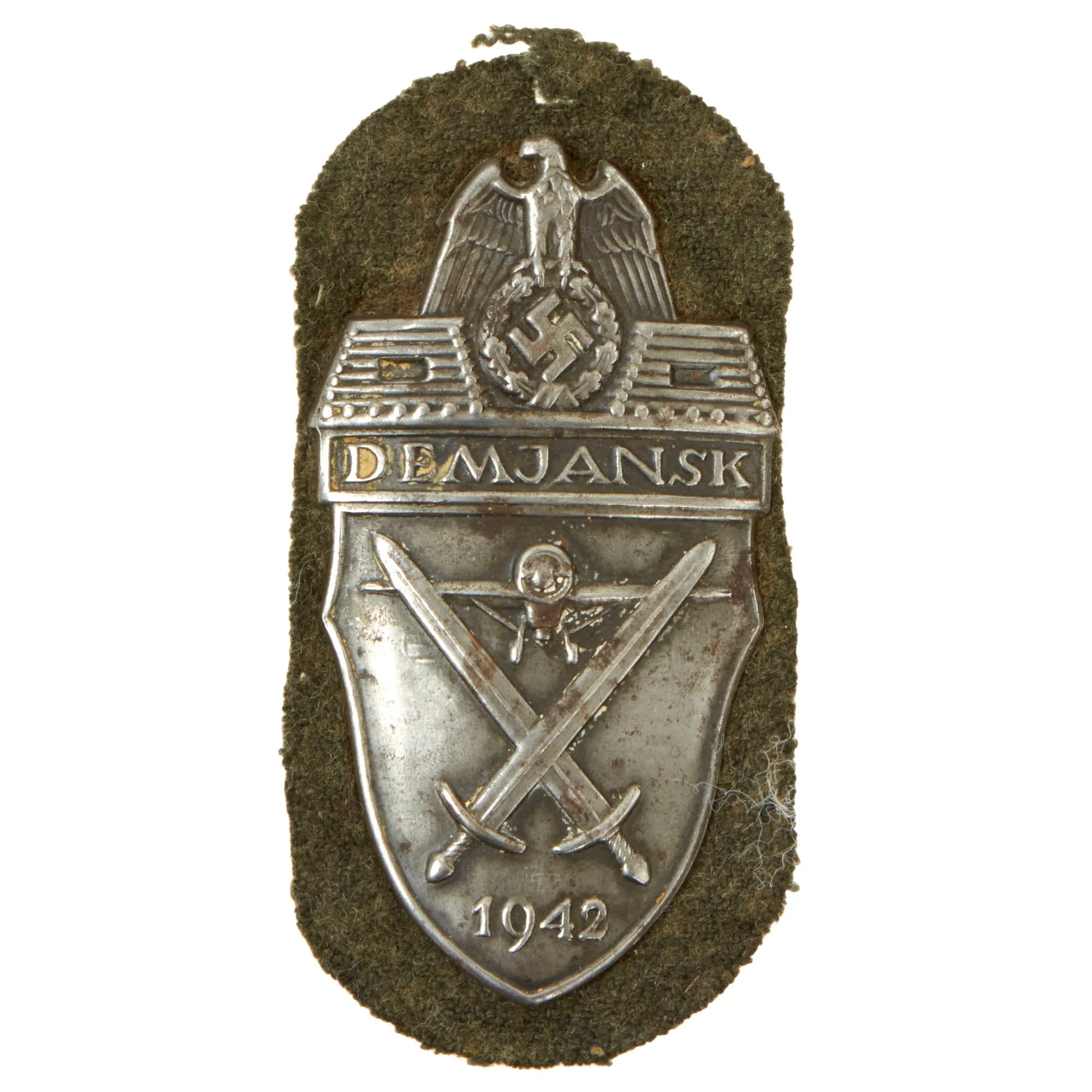 Original German WWII Heer Army Demyansk Shield Decoration with Back Plate & Fabric - "Missing Log" Variant