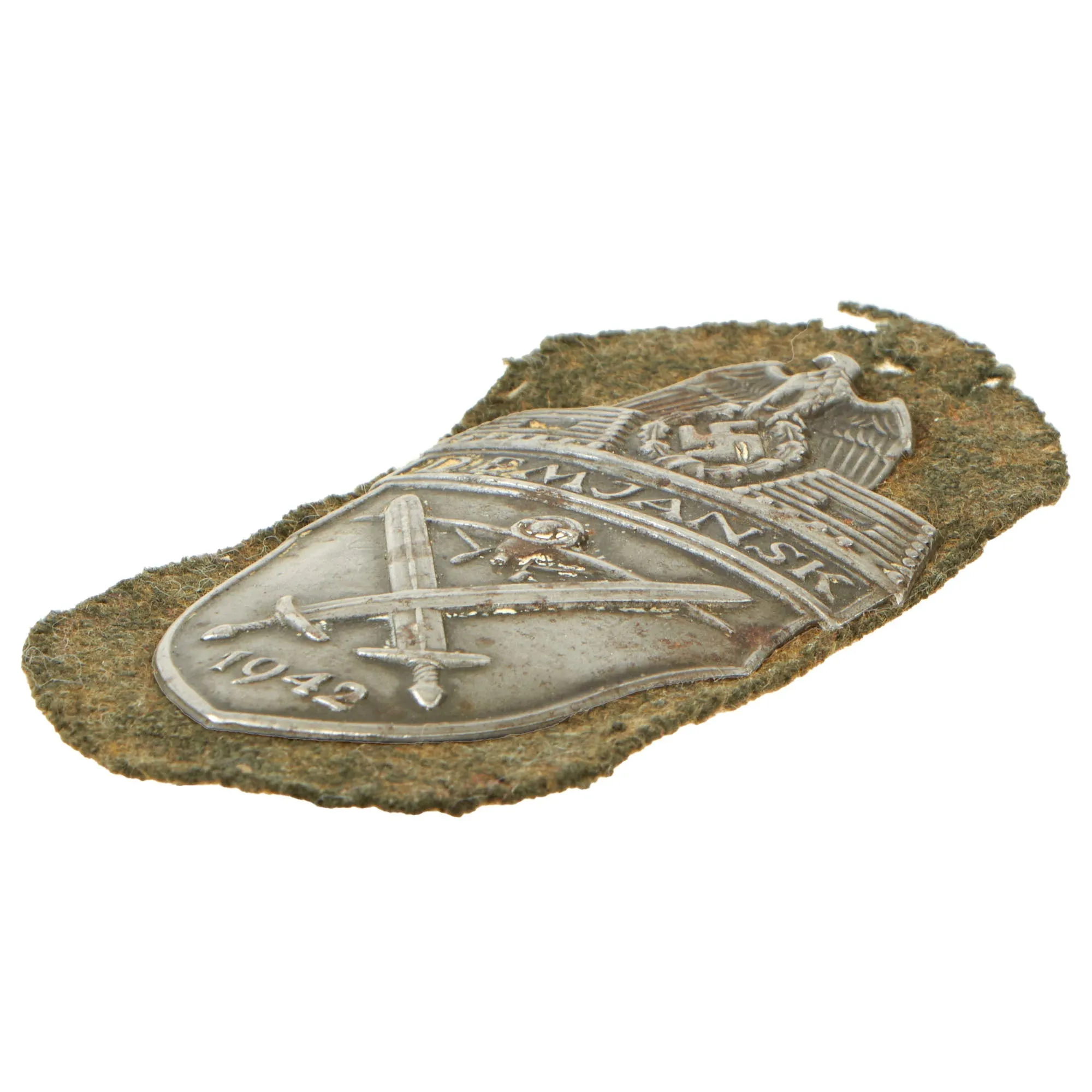 Original German WWII Heer Army Demyansk Shield Decoration with Back Plate & Fabric - "Missing Log" Variant