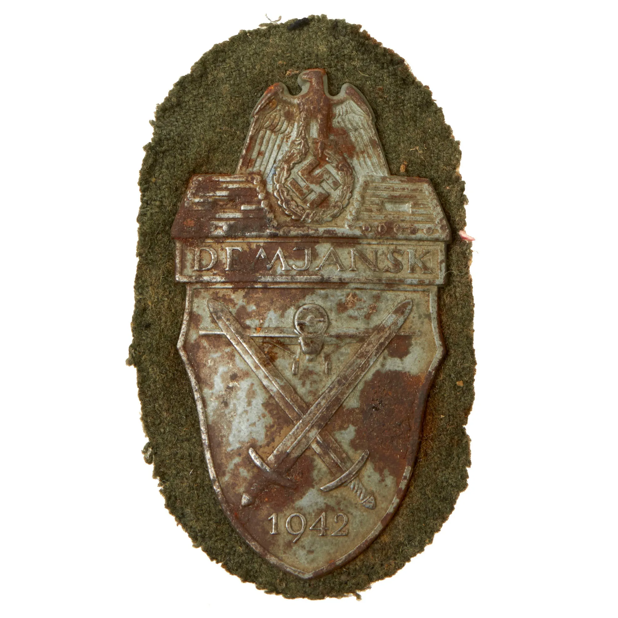 Original German WWII Heer Army Demyansk Shield Decoration with Backing Plate & Fabric