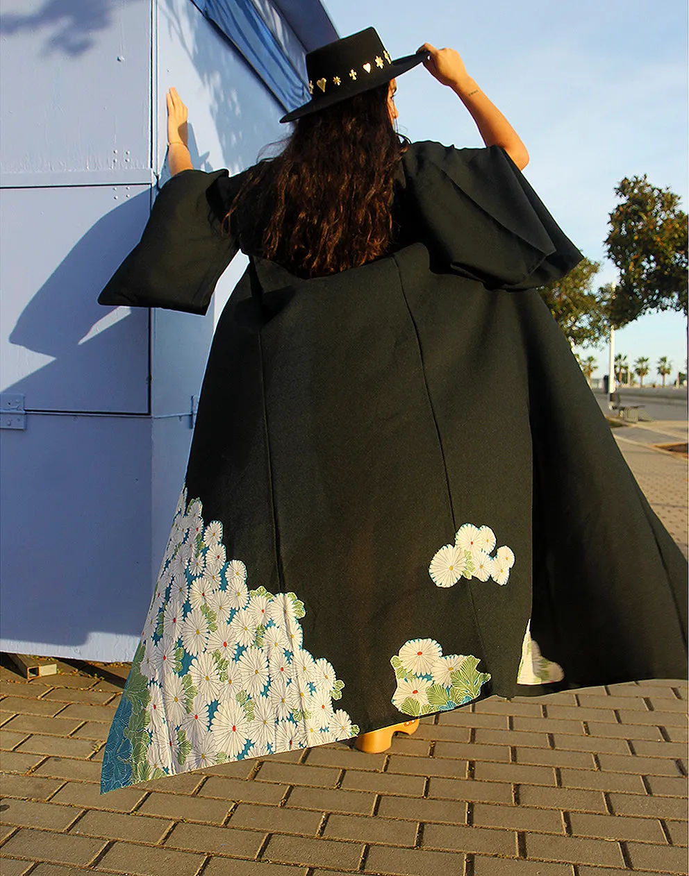 Original Vintage Black Maxi Kimono Jacket with Floral Details