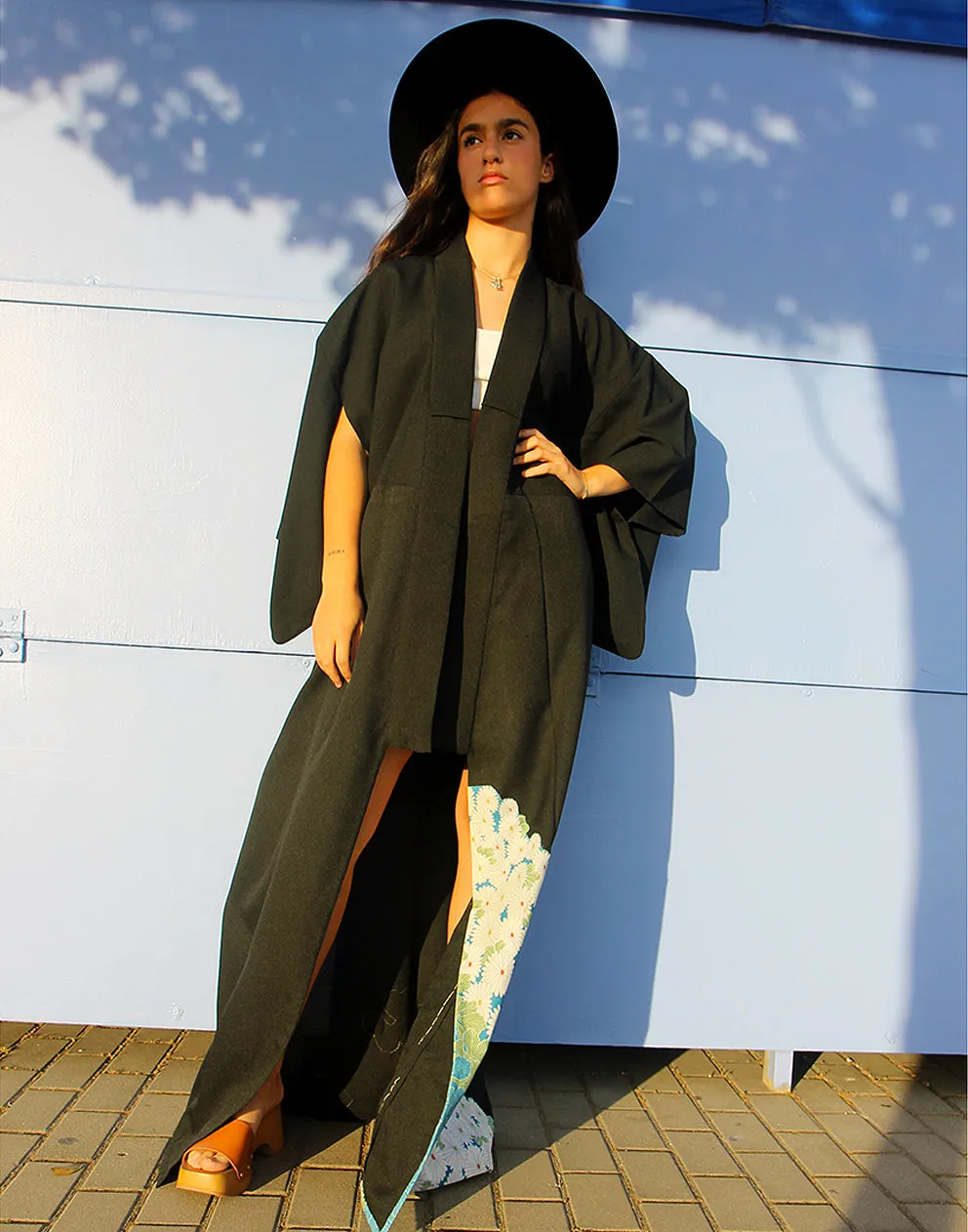 Original Vintage Black Maxi Kimono Jacket with Floral Details