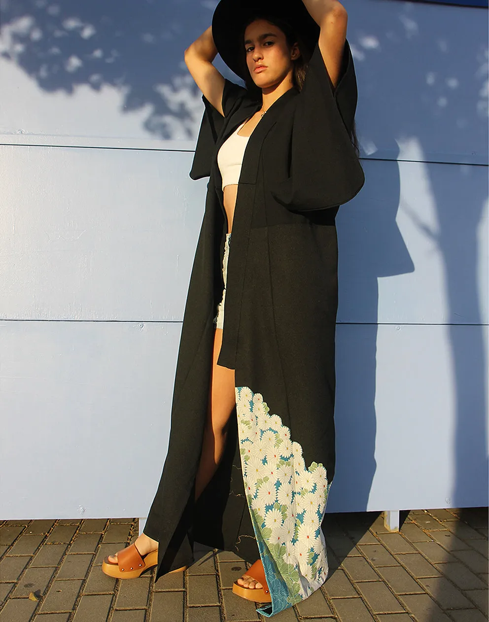 Original Vintage Black Maxi Kimono Jacket with Floral Details