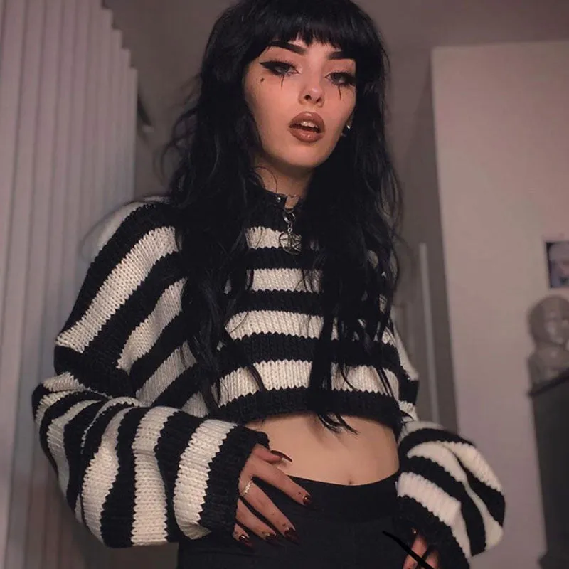 Oversized Pullover Long Sleeve Cropped Striped Sweater - Stripe