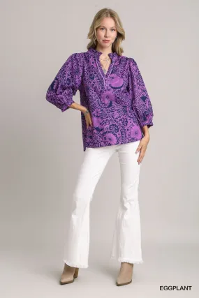 Paisley Print Notch Neck Top