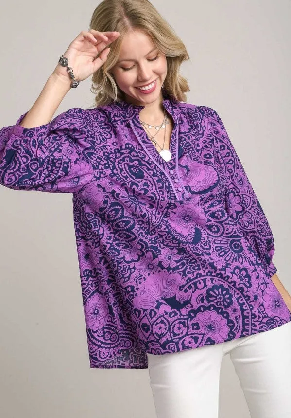 Paisley Print Notch Neck Top