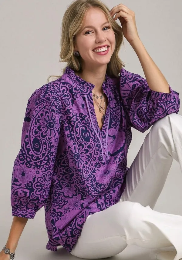 Paisley Print Notch Neck Top