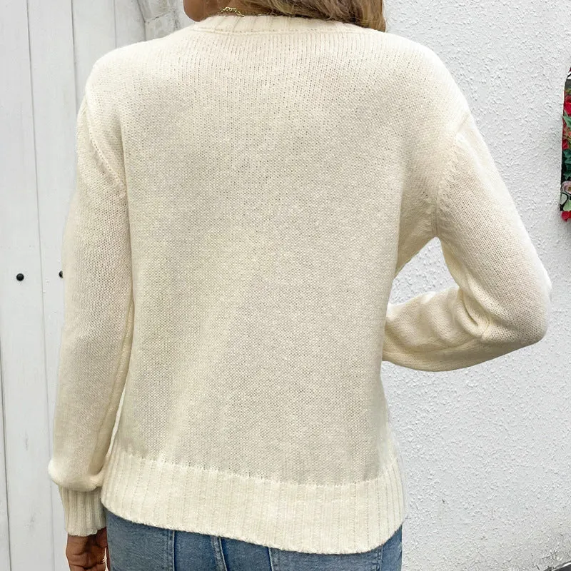 PEOPLETERRITORY autumn new solid color simple high-end casual knitted sweater round neck long sleeve hollow  women's sweater