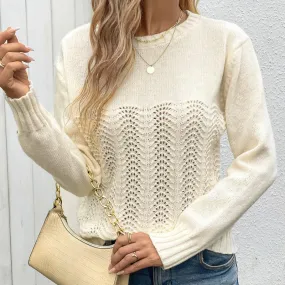 PEOPLETERRITORY autumn new solid color simple high-end casual knitted sweater round neck long sleeve hollow  women's sweater