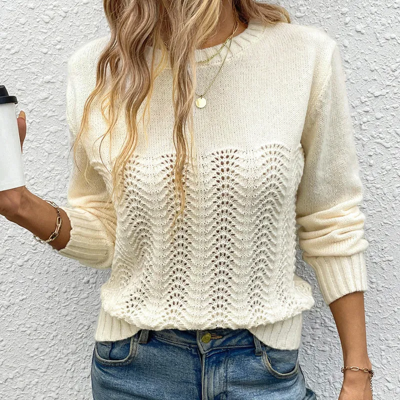 PEOPLETERRITORY autumn new solid color simple high-end casual knitted sweater round neck long sleeve hollow  women's sweater