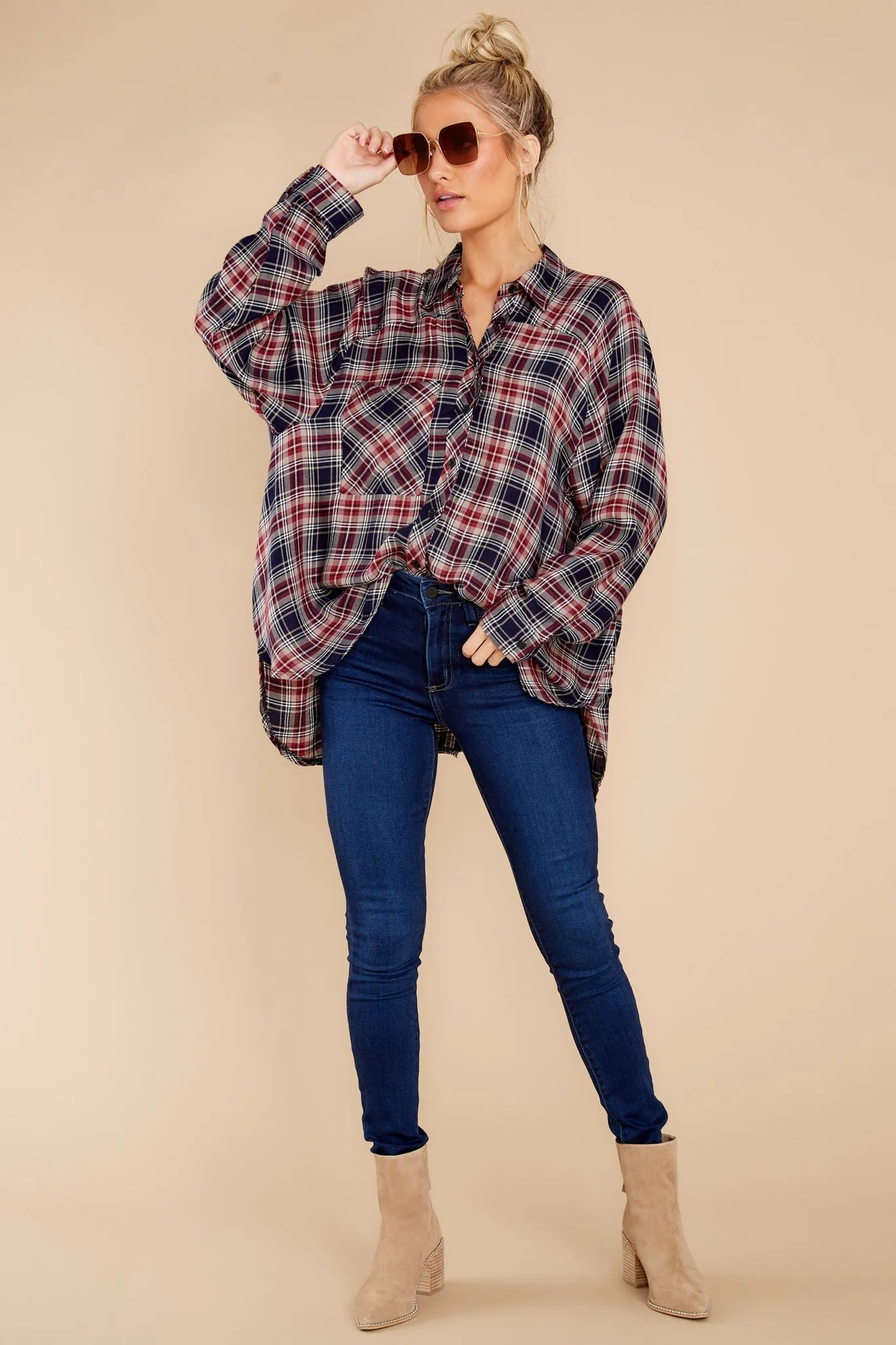 Perfectly Charming Indigo Red Multi Plaid Top