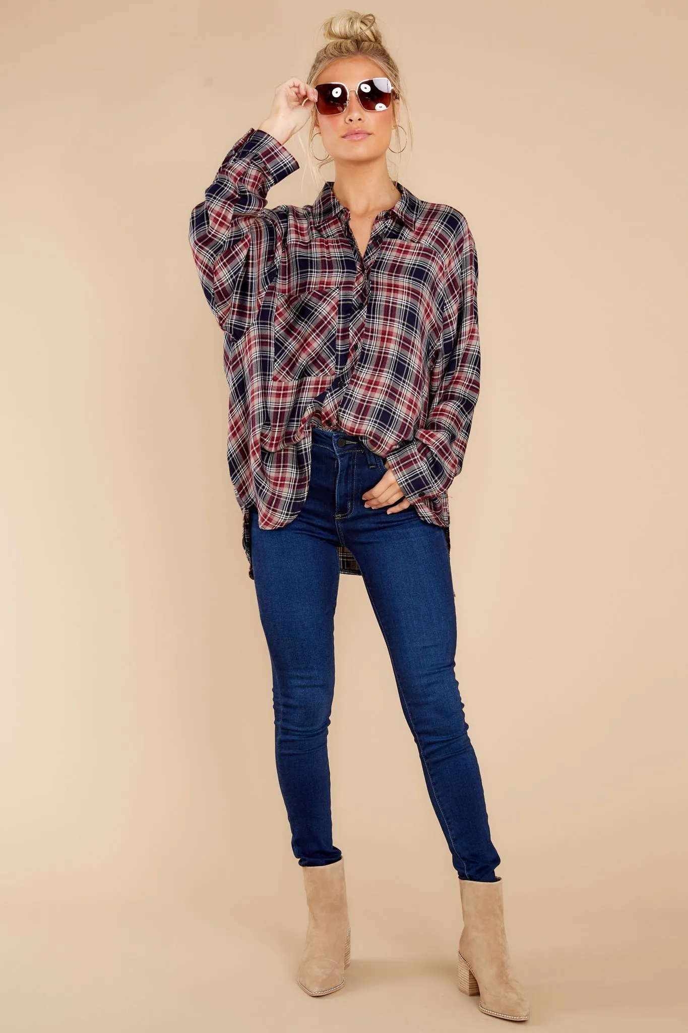 Perfectly Charming Indigo Red Multi Plaid Top