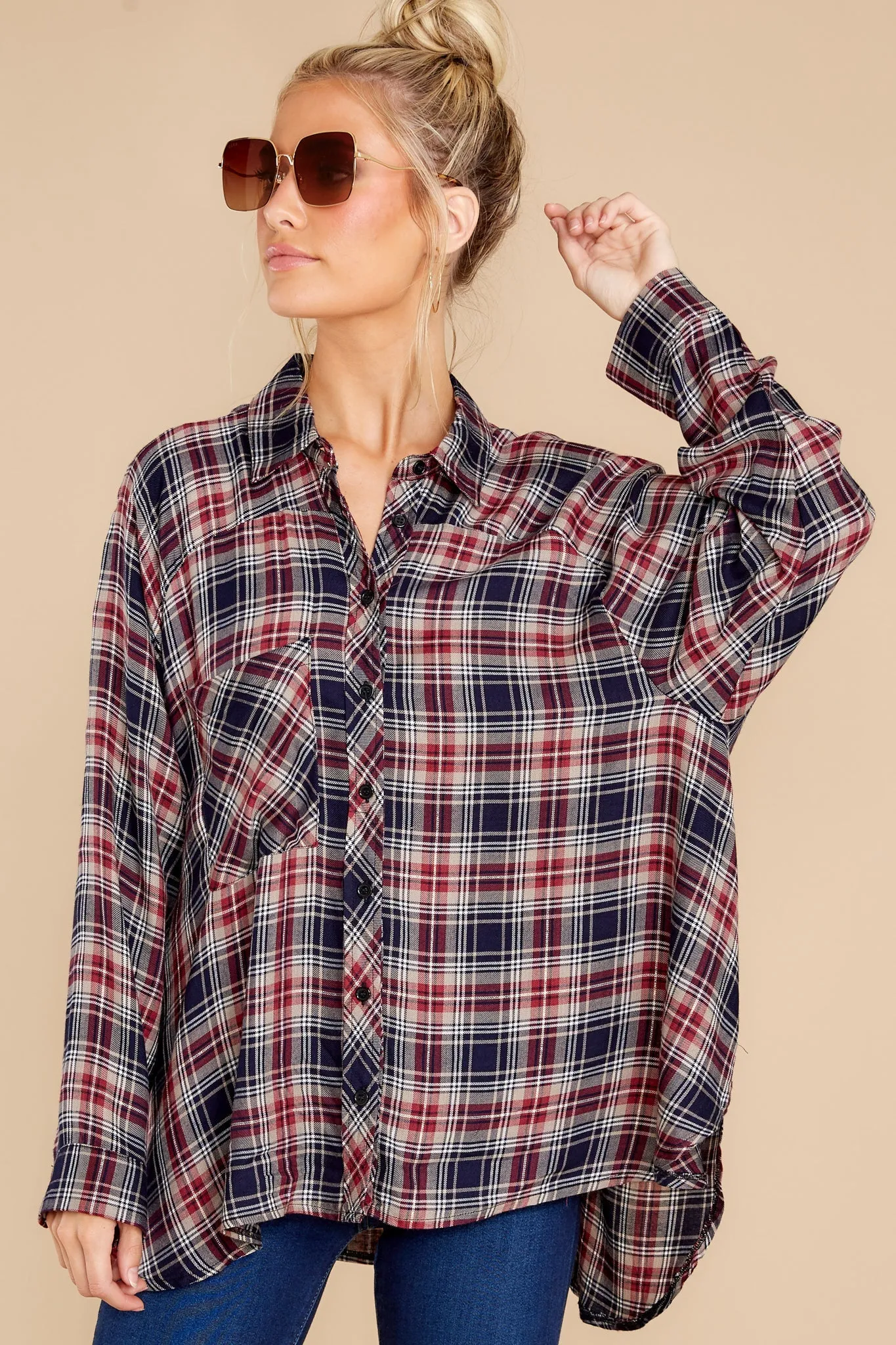 Perfectly Charming Indigo Red Multi Plaid Top