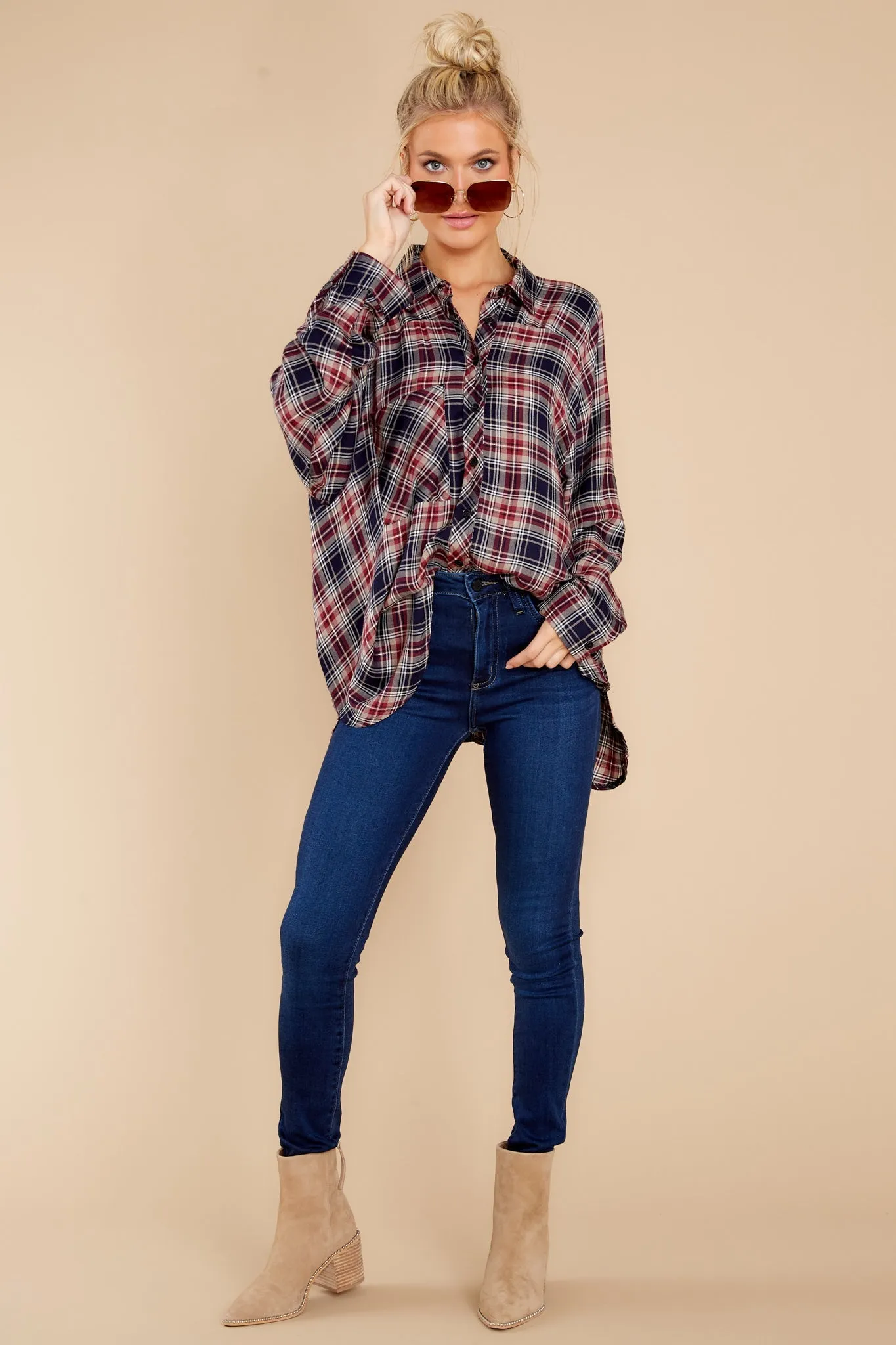 Perfectly Charming Indigo Red Multi Plaid Top