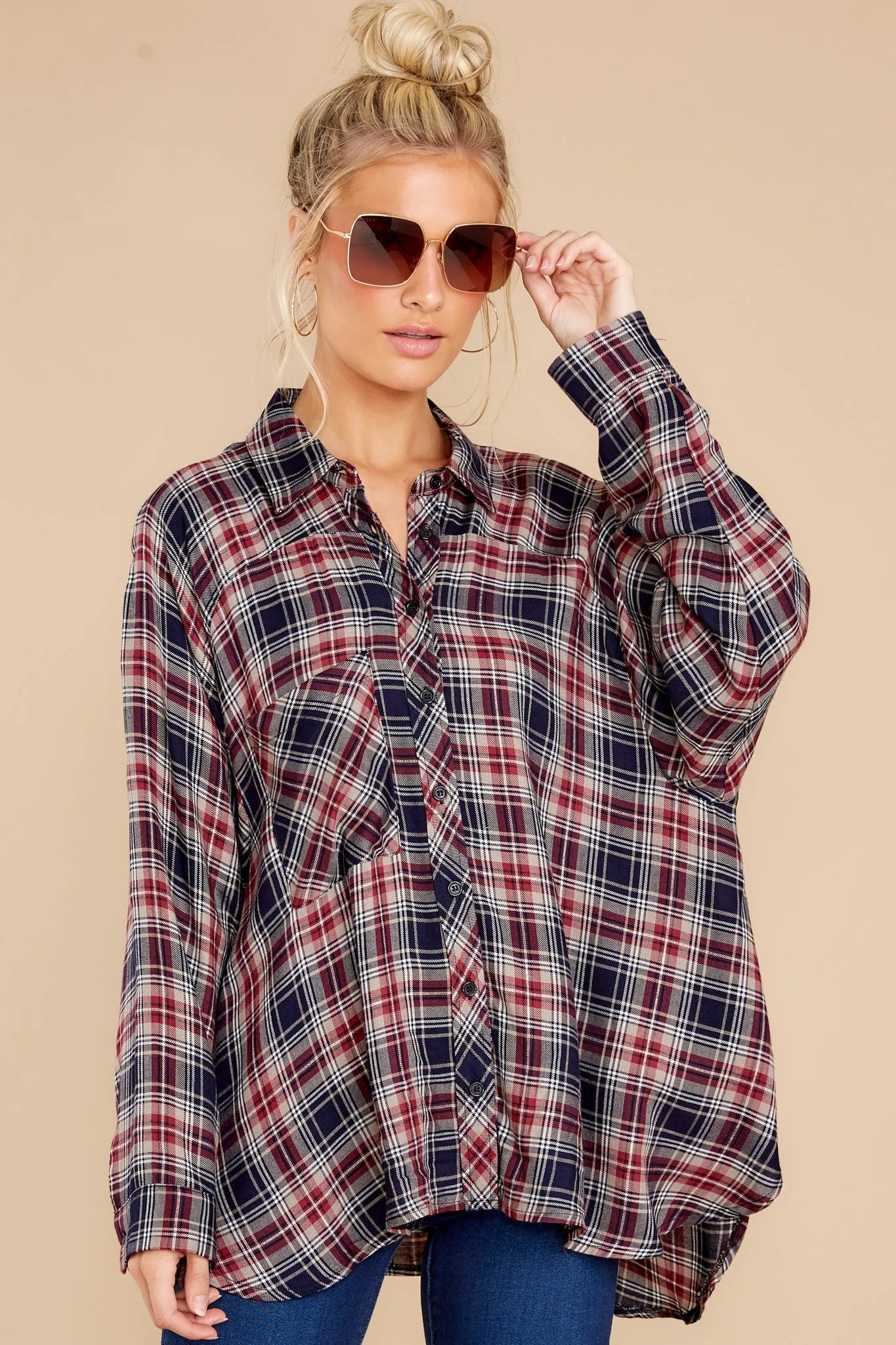 Perfectly Charming Indigo Red Multi Plaid Top