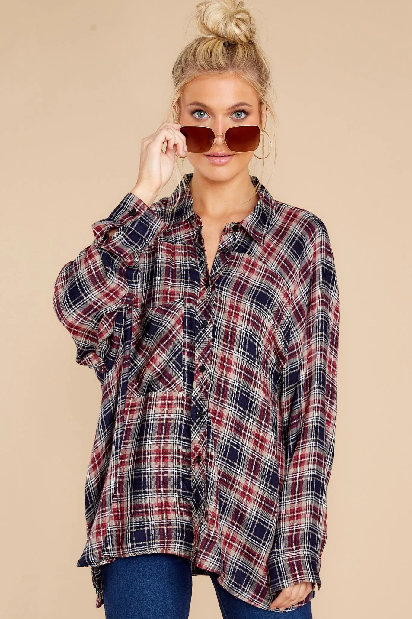 Perfectly Charming Indigo Red Multi Plaid Top