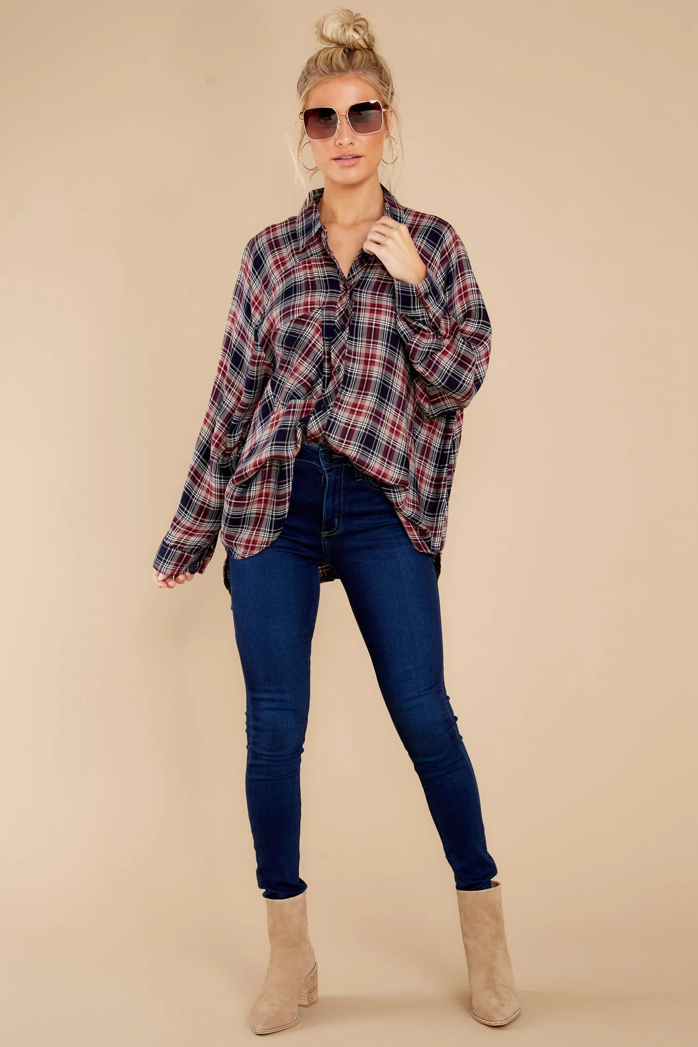 Perfectly Charming Indigo Red Multi Plaid Top