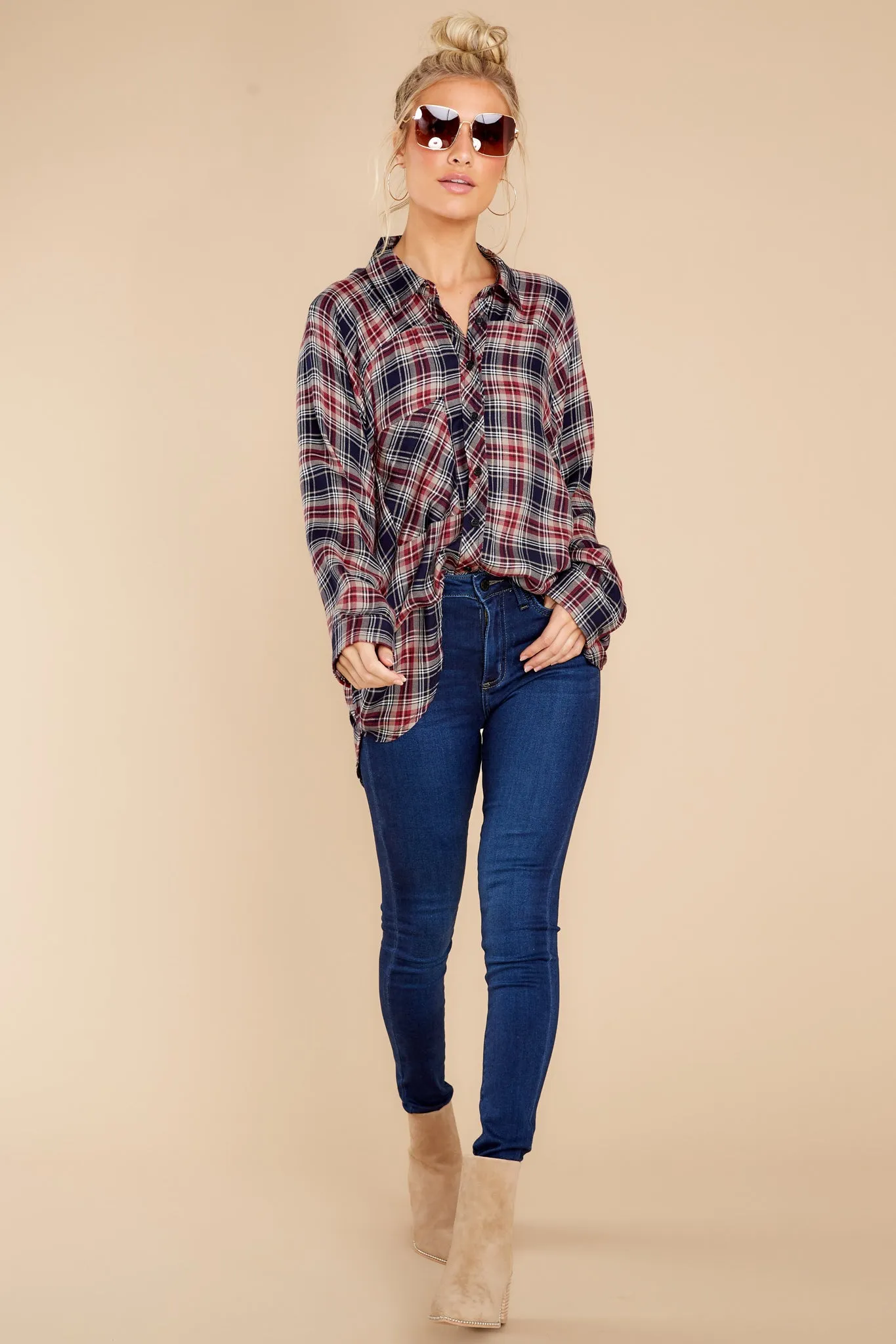 Perfectly Charming Indigo Red Multi Plaid Top