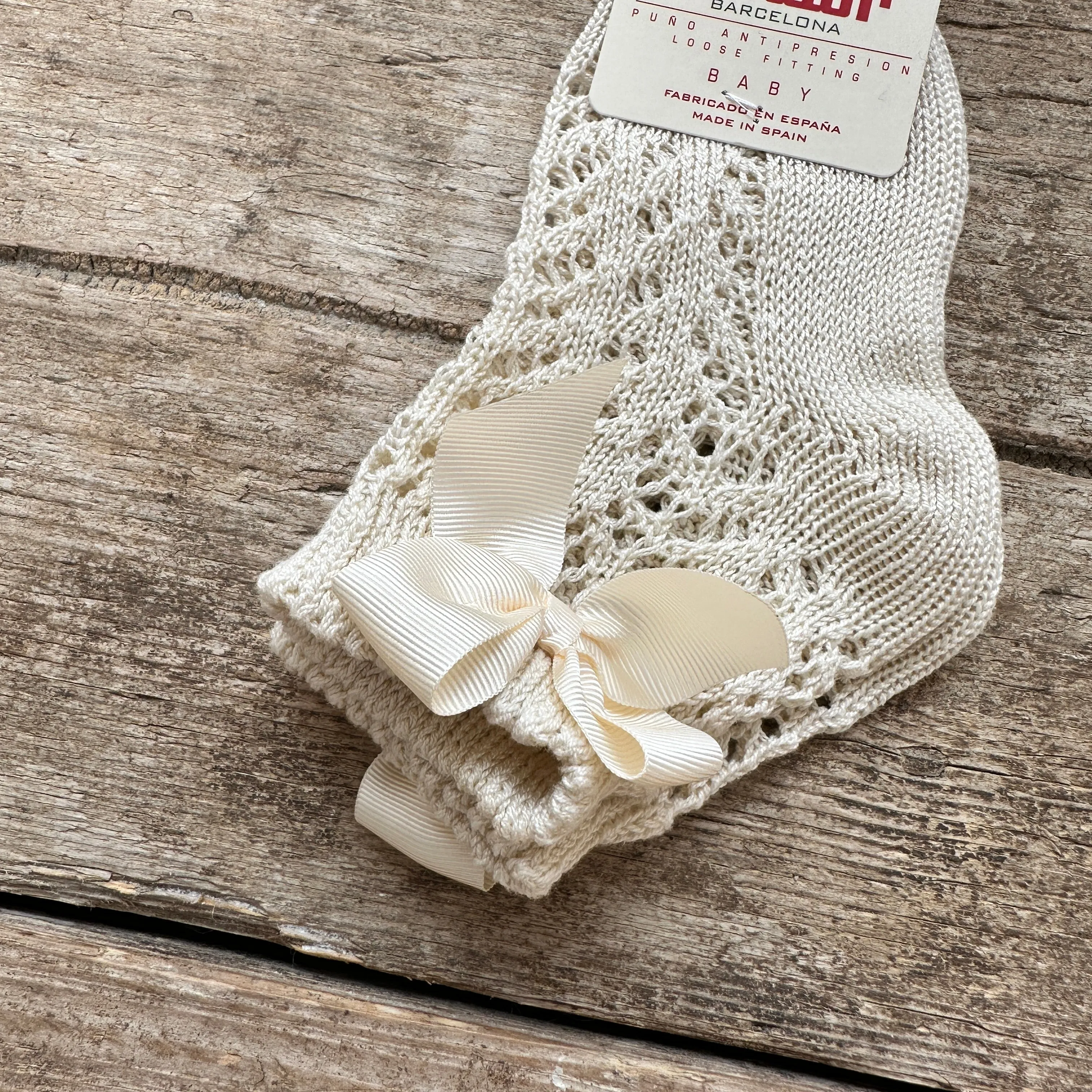 Perle Cotton Openwork Ankle Socks With Bow | Linen