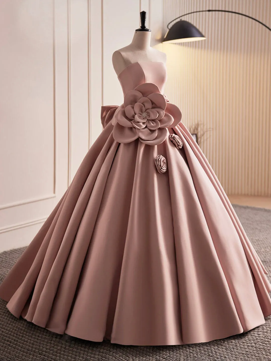 Pink Strapless Satin Long Prom Dress Beautiful A-Line Evening Dress