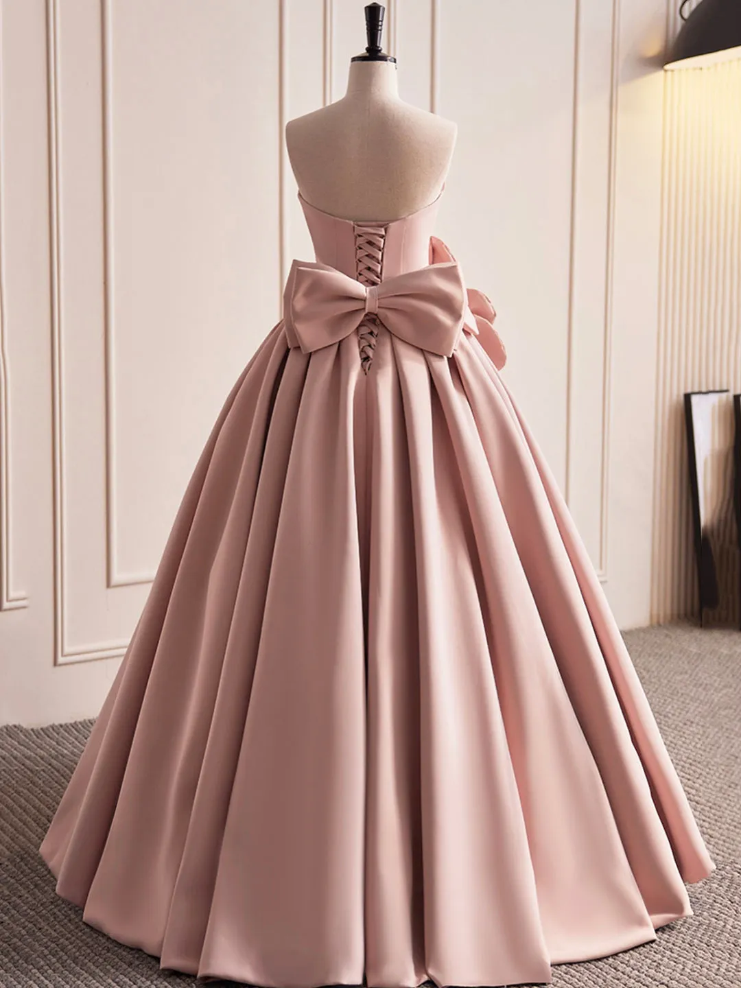 Pink Strapless Satin Long Prom Dress Beautiful A-Line Evening Dress