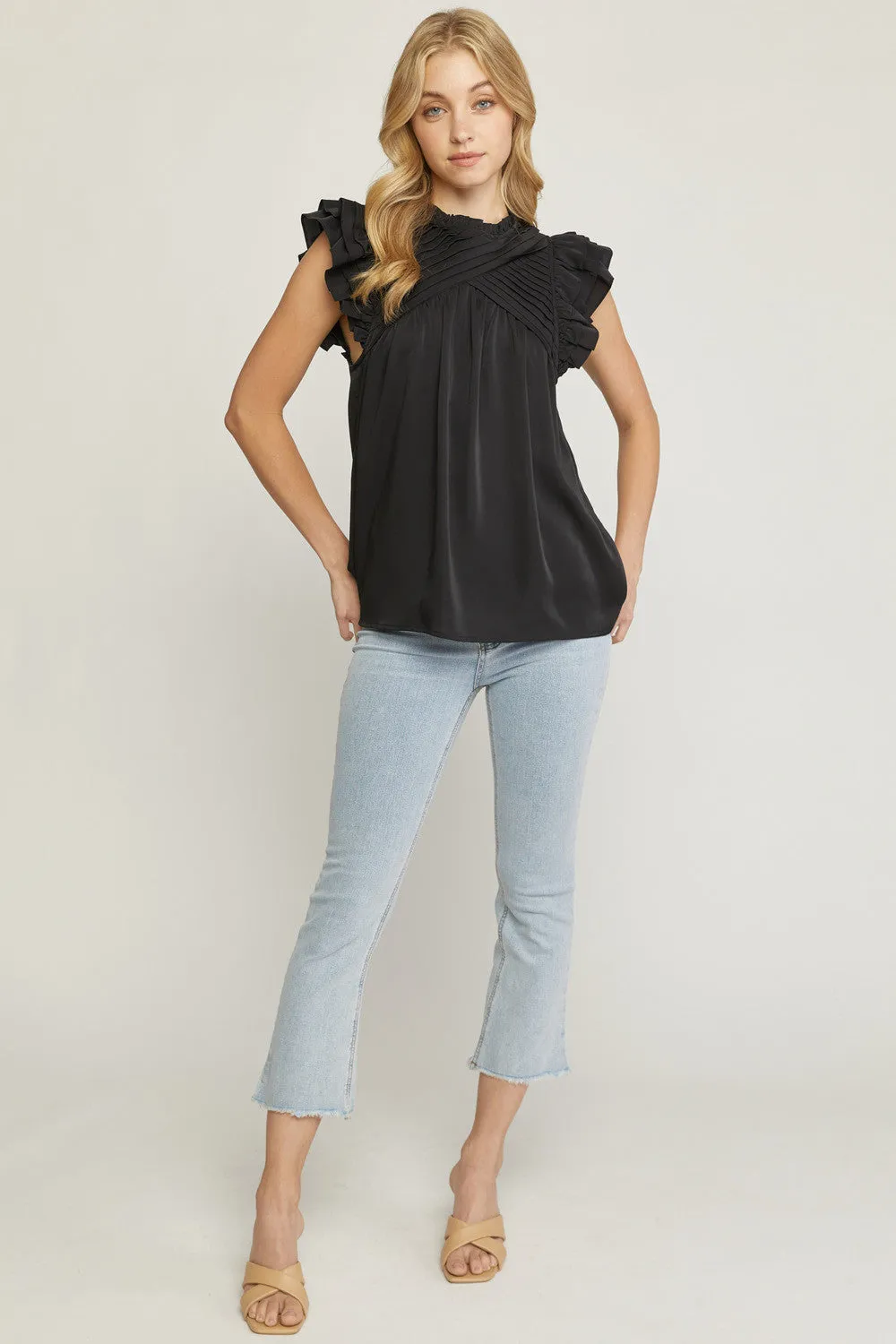 Pleated Ruffle Sleeve Top, Black