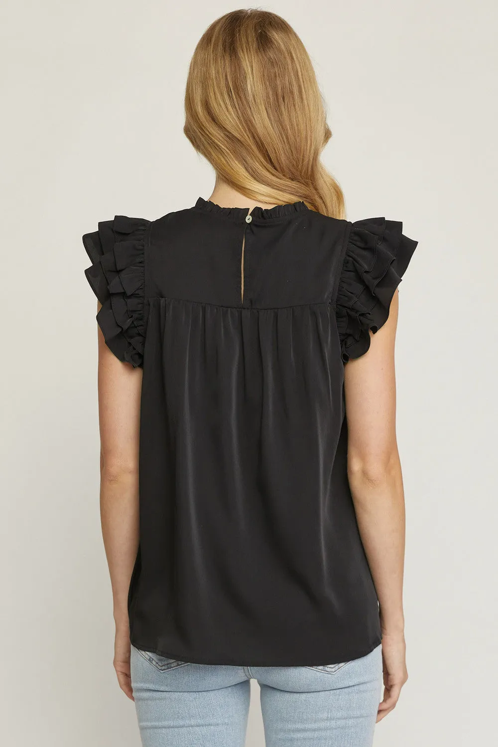 Pleated Ruffle Sleeve Top, Black